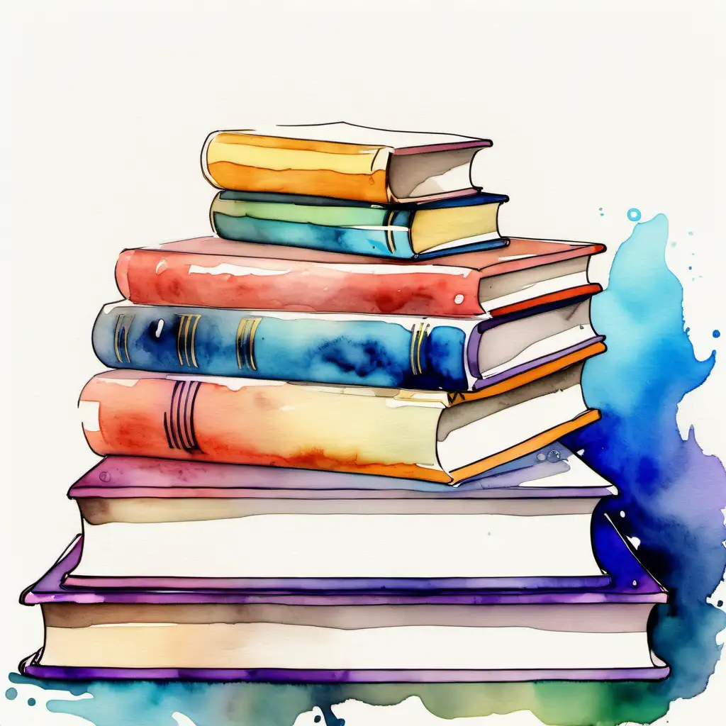abook next to  a stack of books colorful


 watercolored  beautiful art
 

