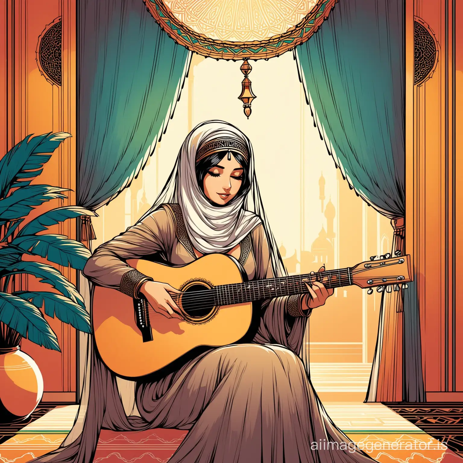 veiled Arab woman playing guitar in her interior drawing style art deco illustration