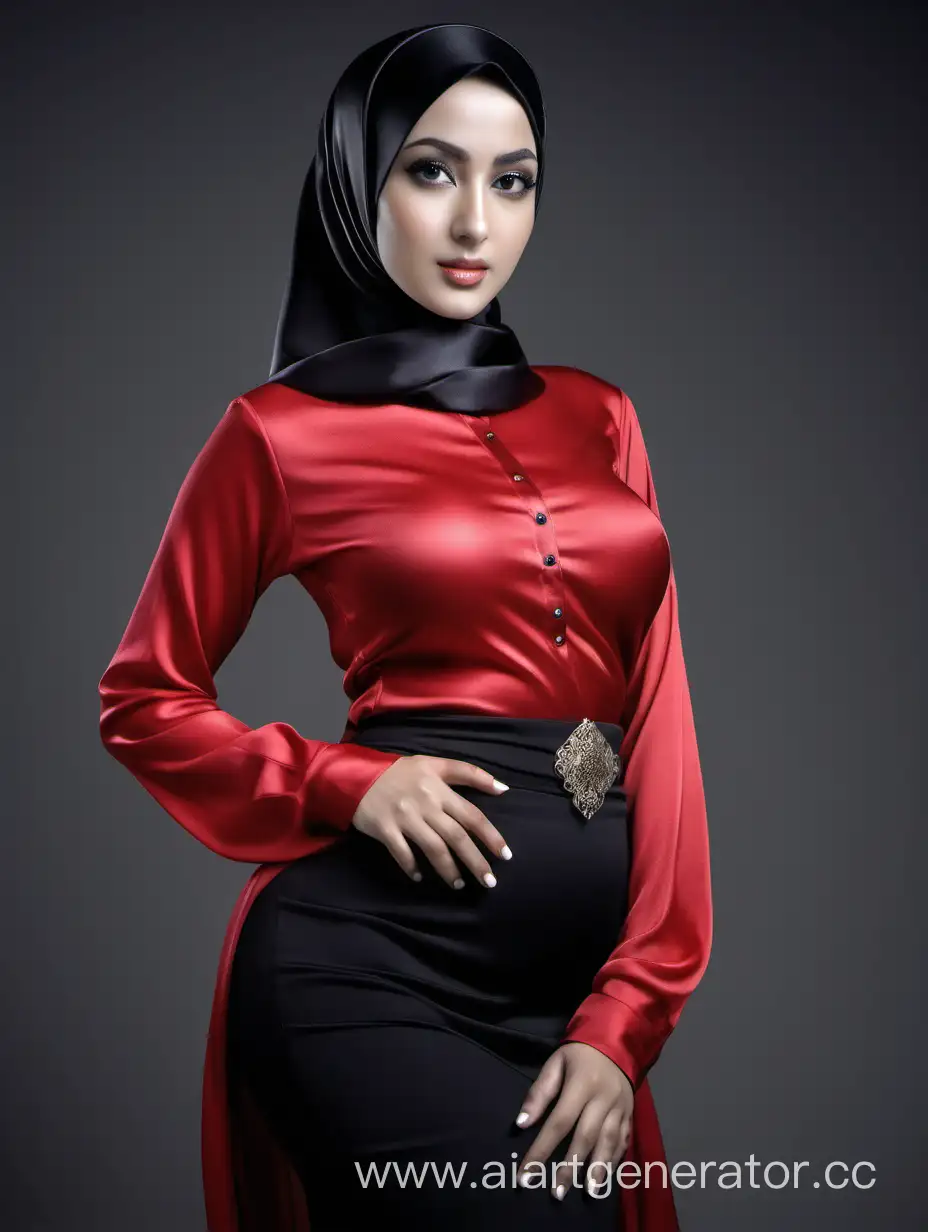 Девушка восточной внешности, атласный хиджаб черного цвета, красная шелковая блузка, стройная фигура, большая идеальная грудь, большие бедра, высокая детализация