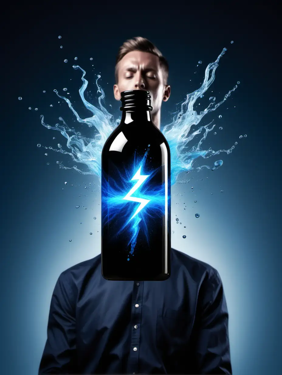 A hyper realistic photo of a man filed with blue energy all around him above a small black bottle in a clear background 
