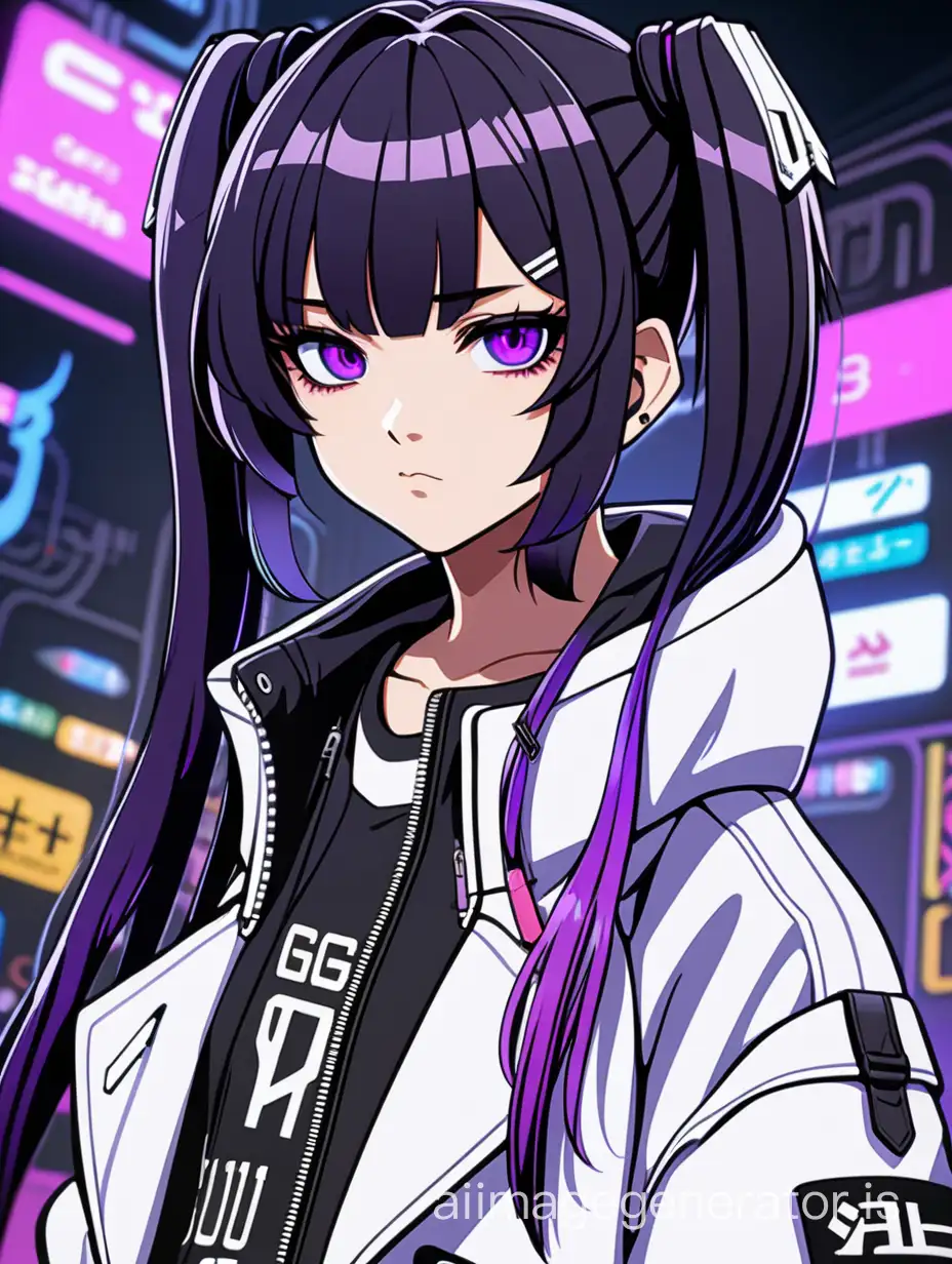 purple eyes, jet black twintails, cyberpunk teachwear white oversized jacket, sharp cut lines artstyle, smug girl, stylized cute, dazai osamu bangs