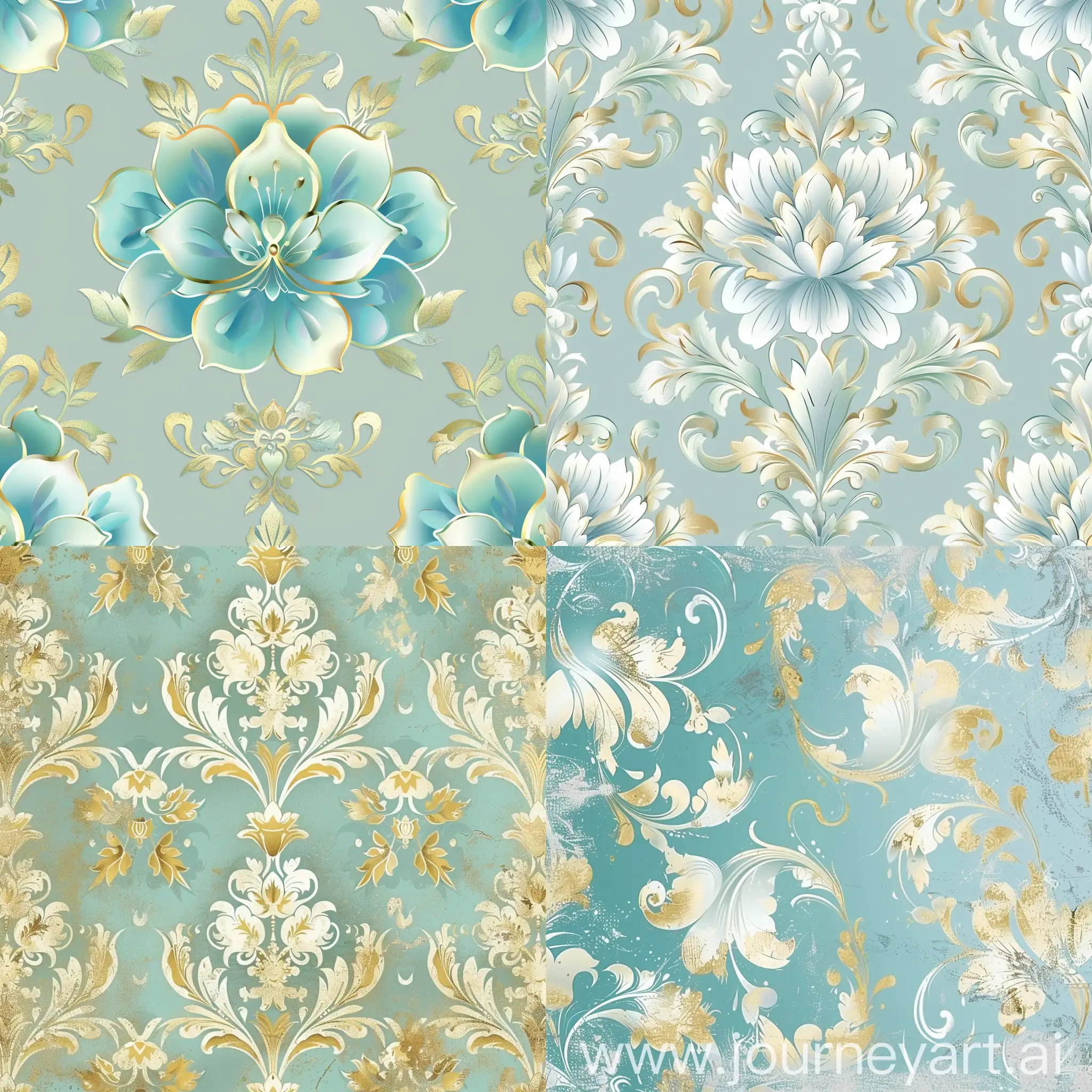 Elegant-Fantasy-Floral-Damask-Background-in-Blue-Gold-and-Mint-Green