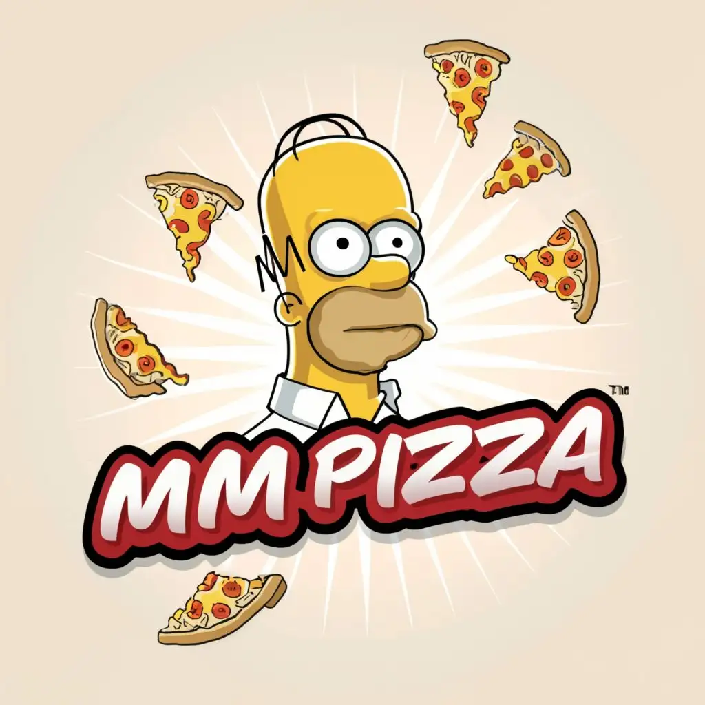 logo, Homer Simpson, with the text "MMM pizza", typography