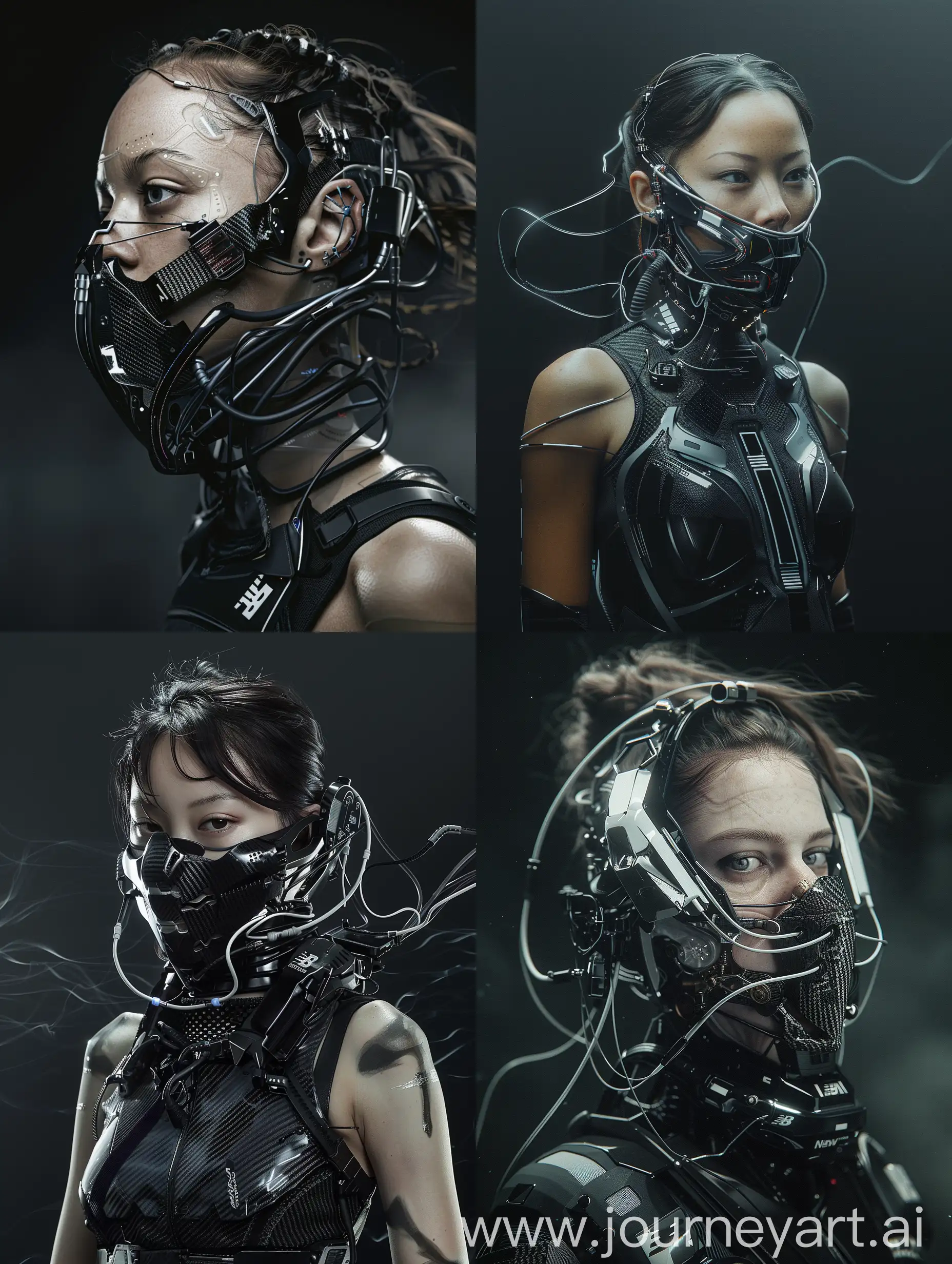 Against a sleek black backdrop, witness the captivating presence of a Beautiful characther adorned with a cybernetic mouth-covering mask. It seamlessly merges cutting-edge technology with intricate details, showcasing carbon fiber textures, sleek aluminum accents, and pulsating wires. Symbolizing the delicate equilibrium between humanity and machine, her appearance embodies the essence of a futuristic cyberpunk aesthetic, further accentuated by New Balance-inspired add-ons. With dynamic movements reminiscent of action-packed film sequences, accompanied by cinematic haze and an electric energy, she exudes an irresistible allure that commands attention