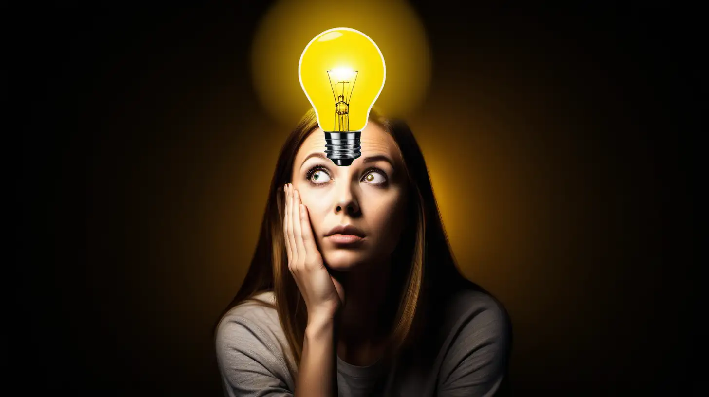 A captivating image capturing a person deep in thought, with a yellow light bulb glowing brilliantly above their head, symbolizing the brilliance of their innovative ideas.