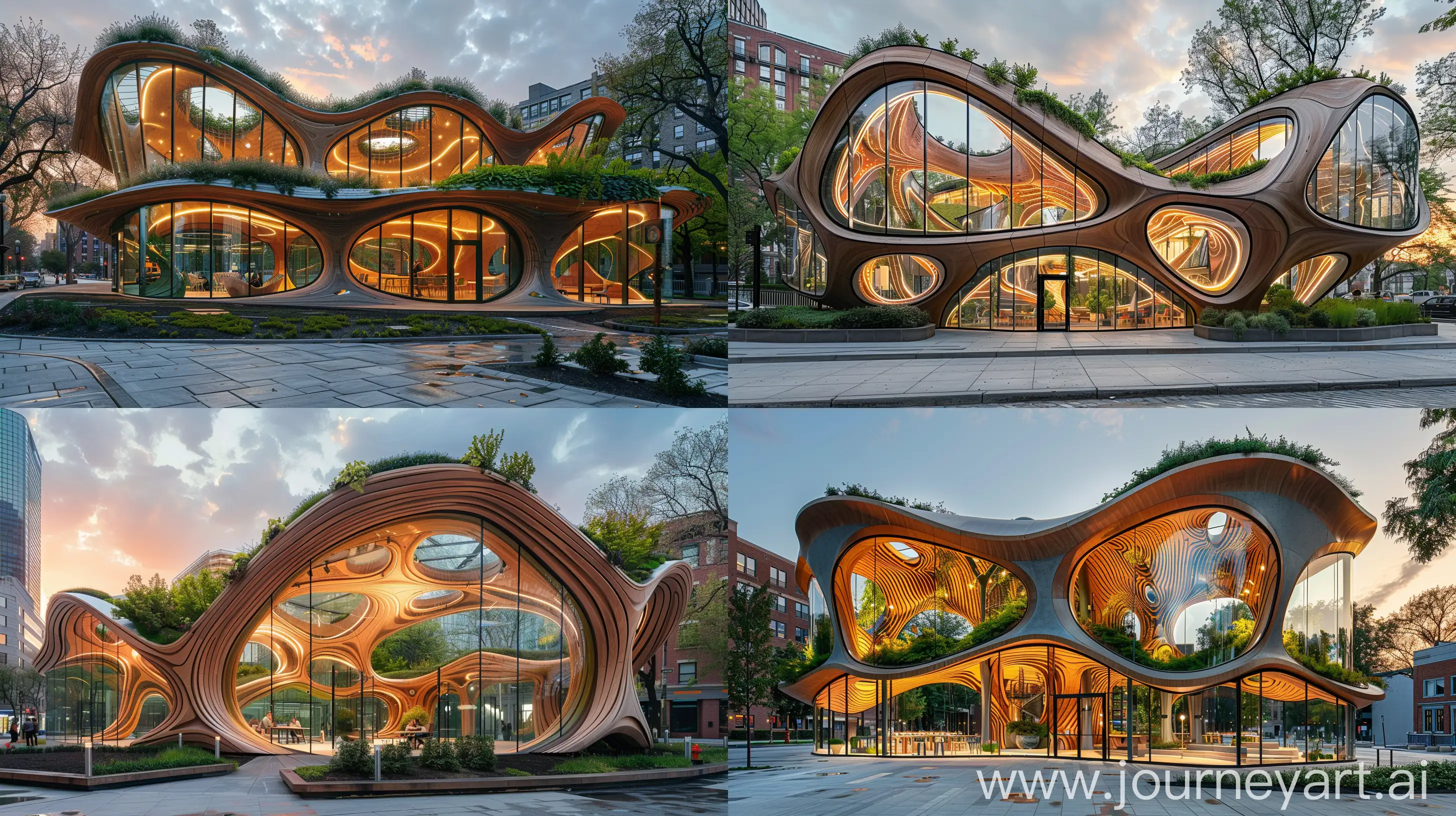 contemporary architecture, bioinspired student pavillon for coworking, hyperbolic structure with timber and greenery, fluid glass facade, plaza in a urban landscape, ground-shot view at sunset --ar 16:9 --chaos 0 --stylize 400