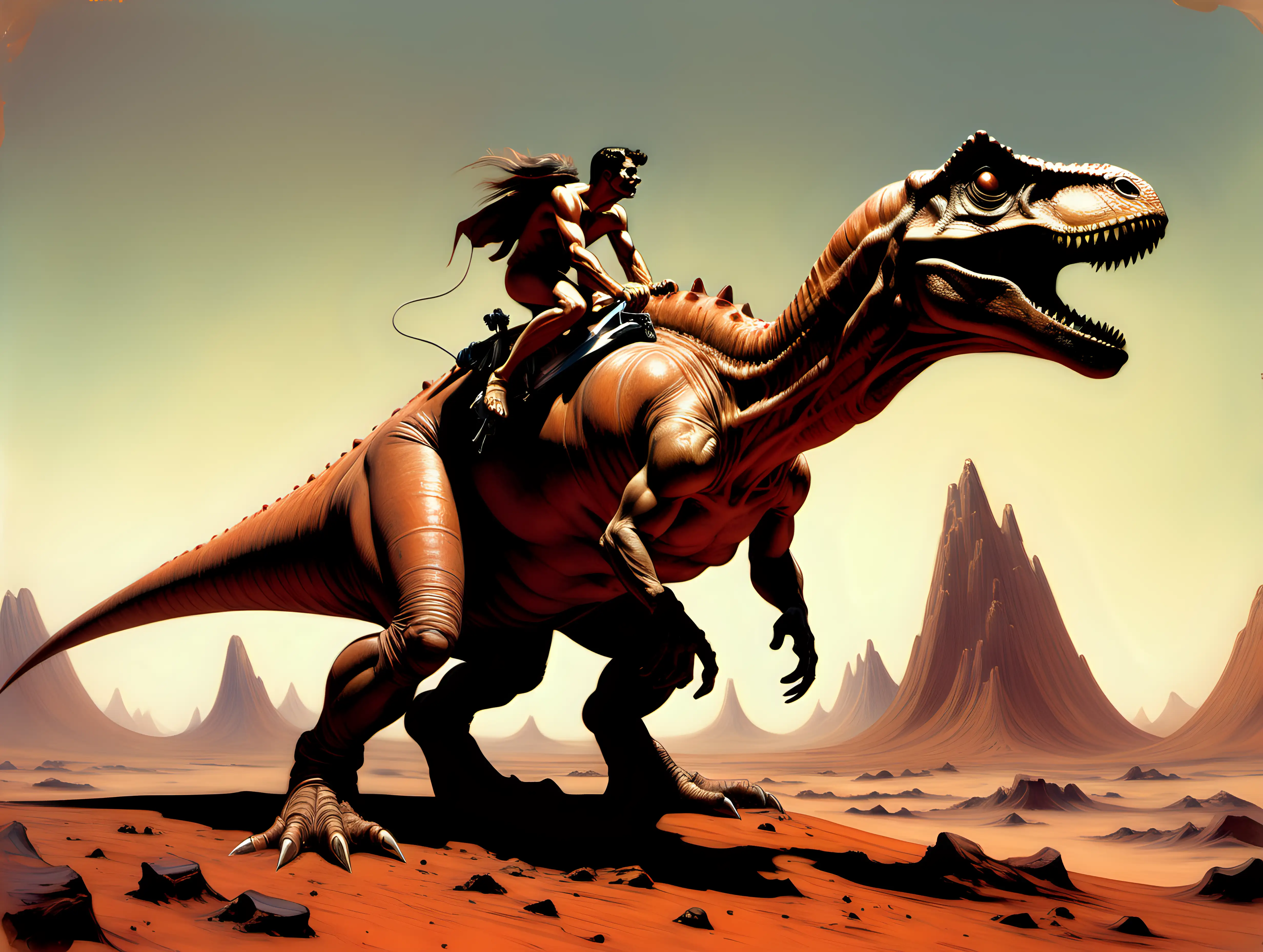 Adventurous Explorer Riding a Dinosaur on the Red Martian Landscape