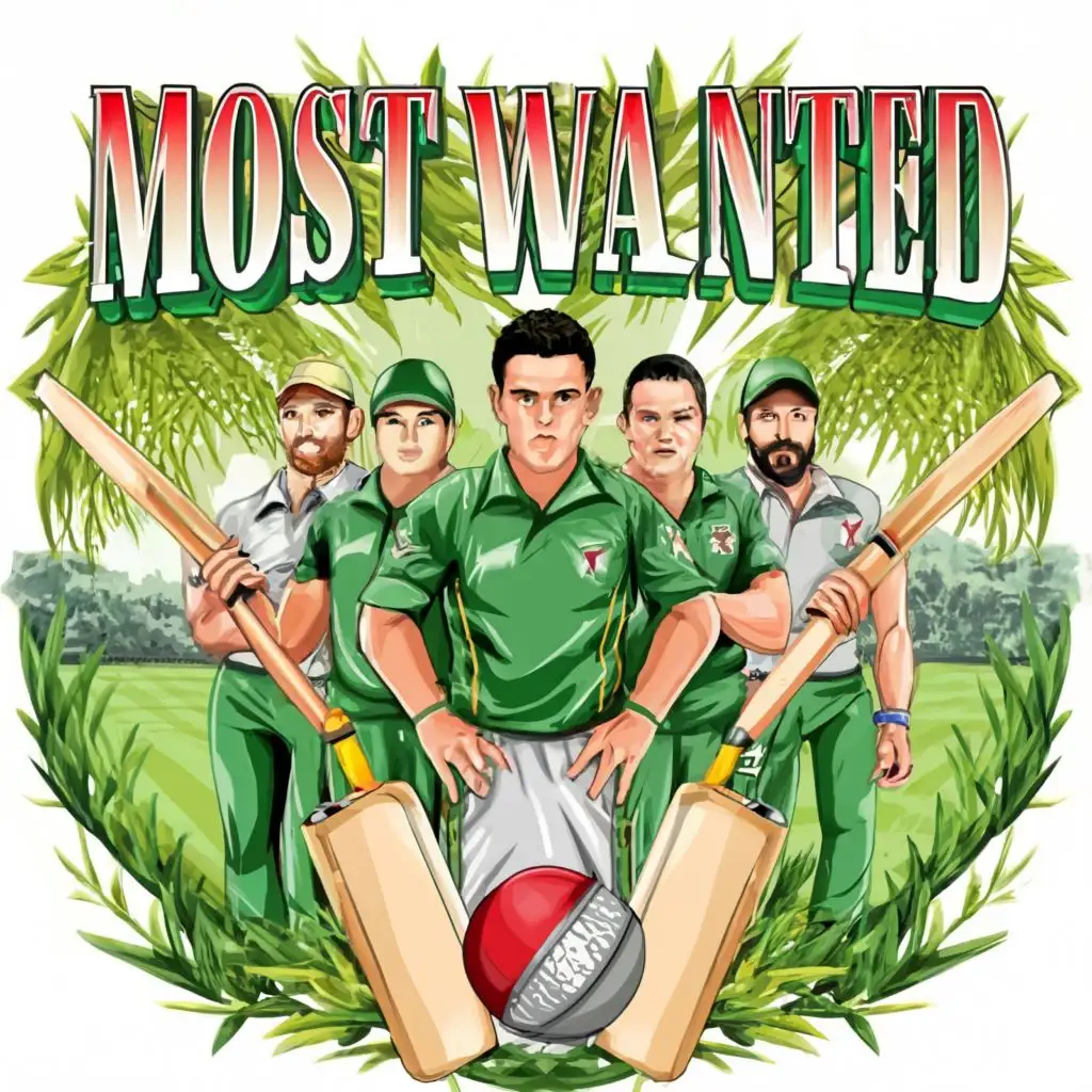 Create a Cricket Team Logo With name "MOST WANTED" With players holding bat and stumps in a greenery nature background.