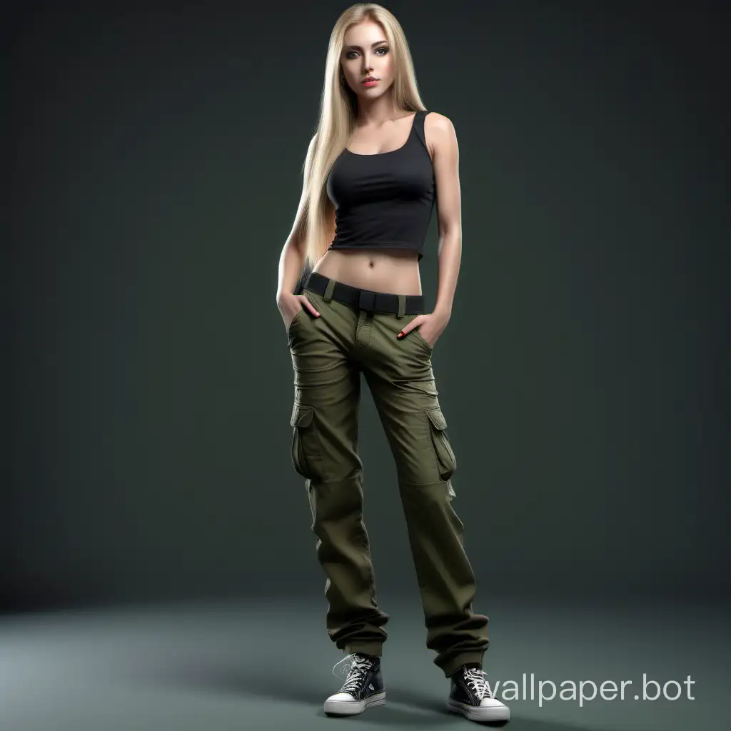 Girl with long straight blonde hair, full chest, normal physique, beautiful legs, green cargo pants, black top, photorealistic picture 