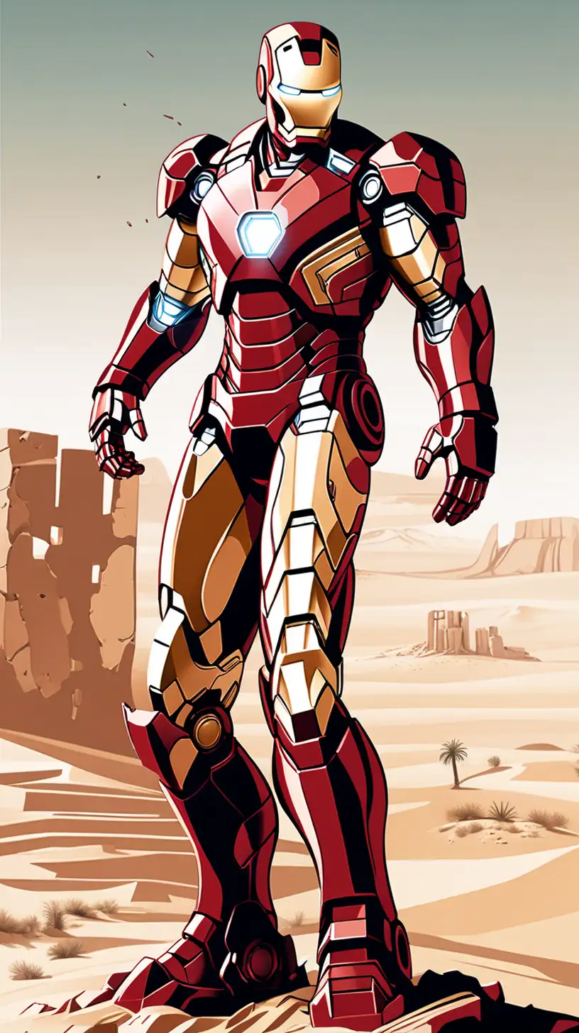 Battle torn Iron man vector. Ruined desert city background