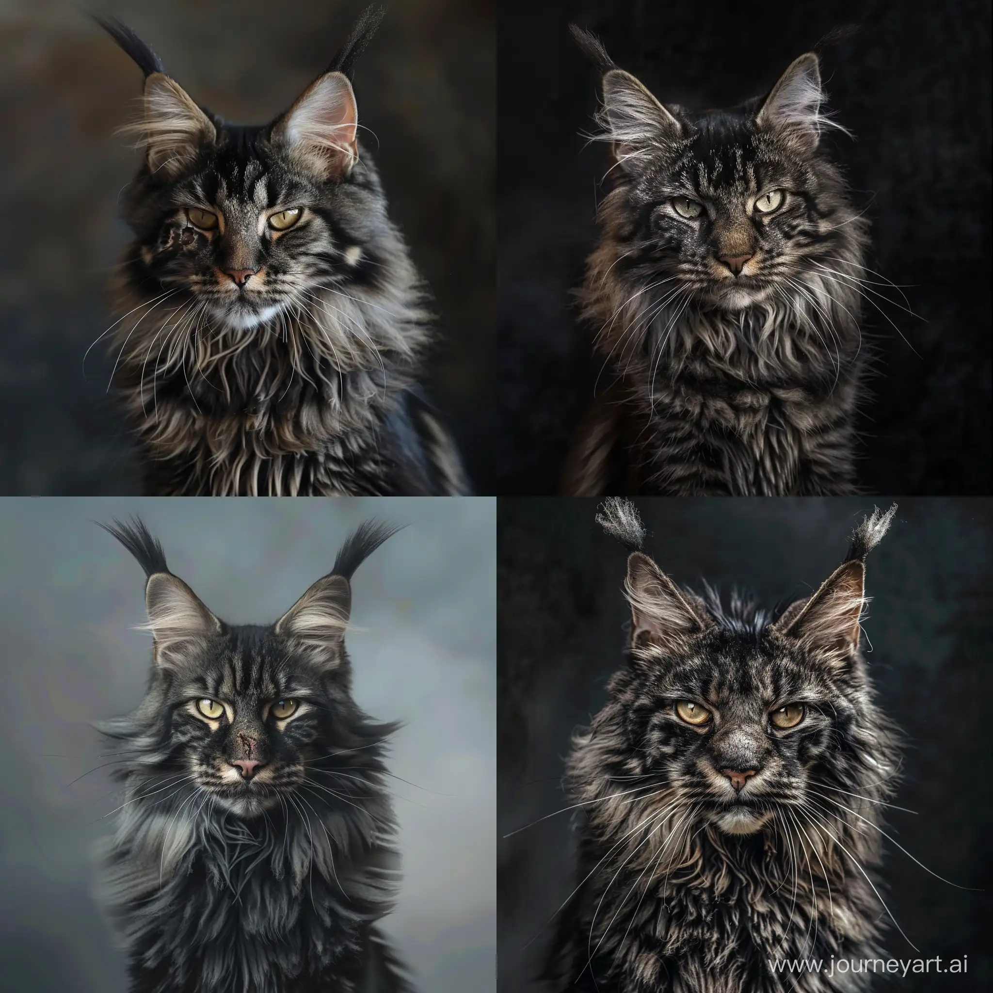 a strict tall cat with long ears and different eyes. black fluffy fur. grey stripes all over the body. There is a scar under his eyes from the battle for the tribe.