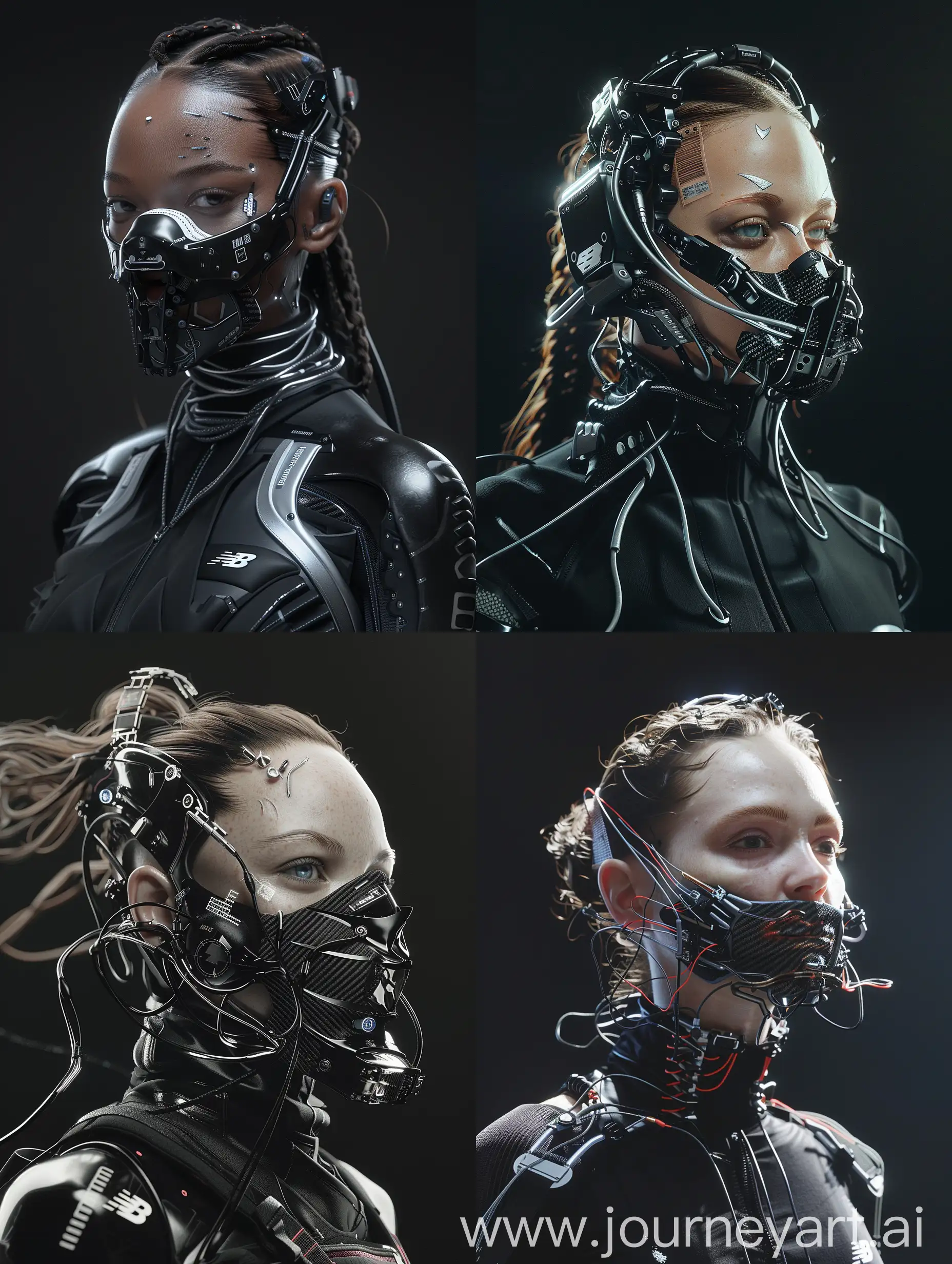 Against a sleek black backdrop, witness the captivating presence of a Beautiful characther adorned with a cybernetic mouth-covering mask. It seamlessly merges cutting-edge technology with intricate details, showcasing carbon fiber textures, sleek aluminum accents, and pulsating wires. Symbolizing the delicate equilibrium between humanity and machine, her appearance embodies the essence of a futuristic cyberpunk aesthetic, further accentuated by New Balance-inspired add-ons. With dynamic movements reminiscent of action-packed film sequences, accompanied by cinematic haze and an electric energy, she exudes an irresistible allure that commands attention