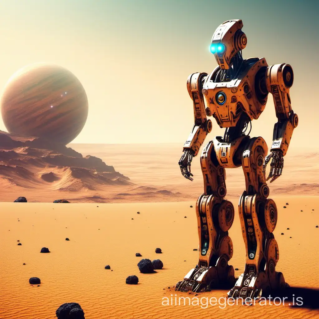a robot in a desert and unknown planet.