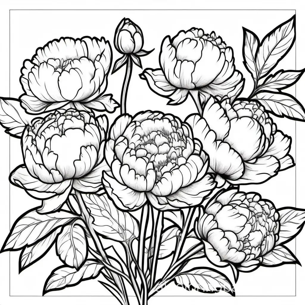 white peonies without color with black lines for coloring book, Coloring Page, black and white, line art, white background, Simplicity, Ample White Space. The background of the coloring page is plain white to make it easy for young children to color within the lines. The outlines of all the subjects are easy to distinguish, making it simple for kids to color without too much difficulty, Coloring Page, black and white, line art, white background, Simplicity, Ample White Space. The background of the coloring page is plain white to make it easy for young children to color within the lines. The outlines of all the subjects are easy to distinguish, making it simple for kids to color without too much difficulty