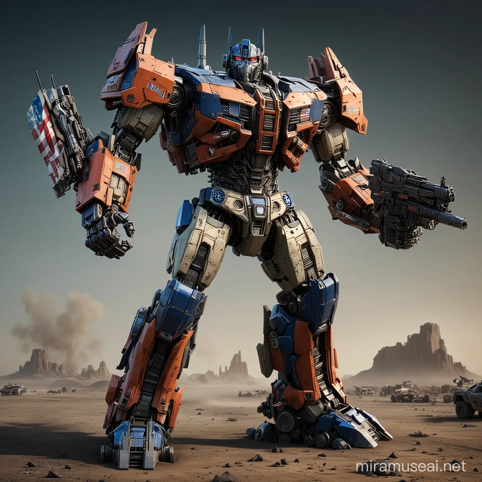 USA as Transformers Robot.Realistic and detailed parts.Dangerous,Tough he has rocket and guns.Add to  background image of cybertron.