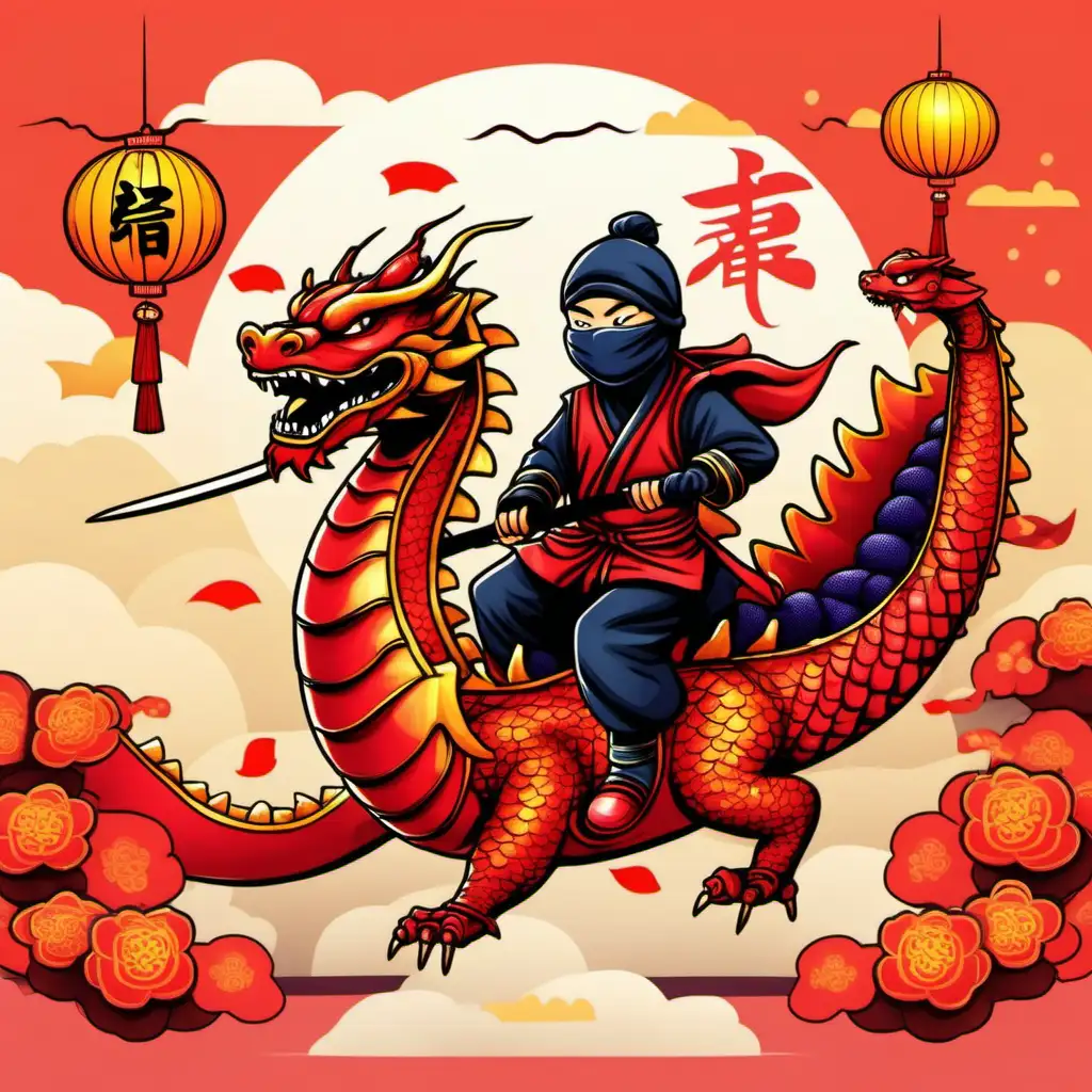 a ninja riding a dragon celebrating chinese new year for social media