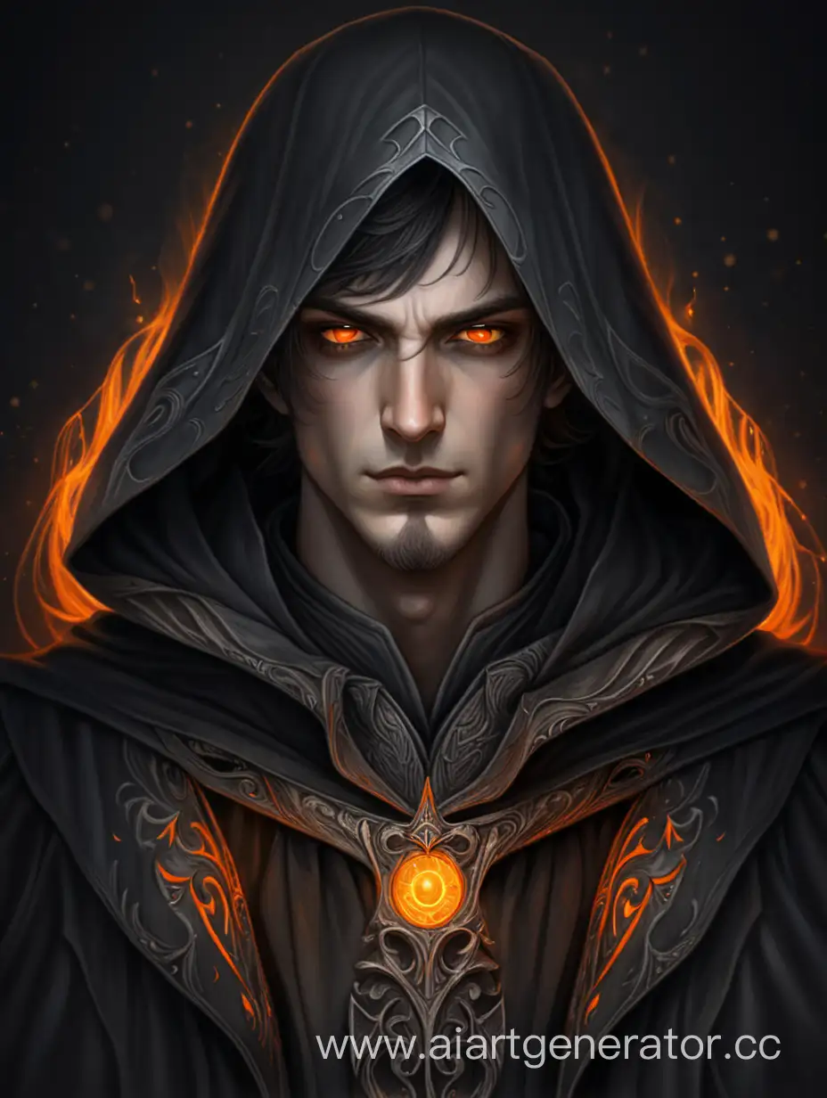 Молодой мужчина тёмный маг в тёмно-сером балахоне со ярко светящимися оранжевыми глазами. Портрет. Красивый рисунок