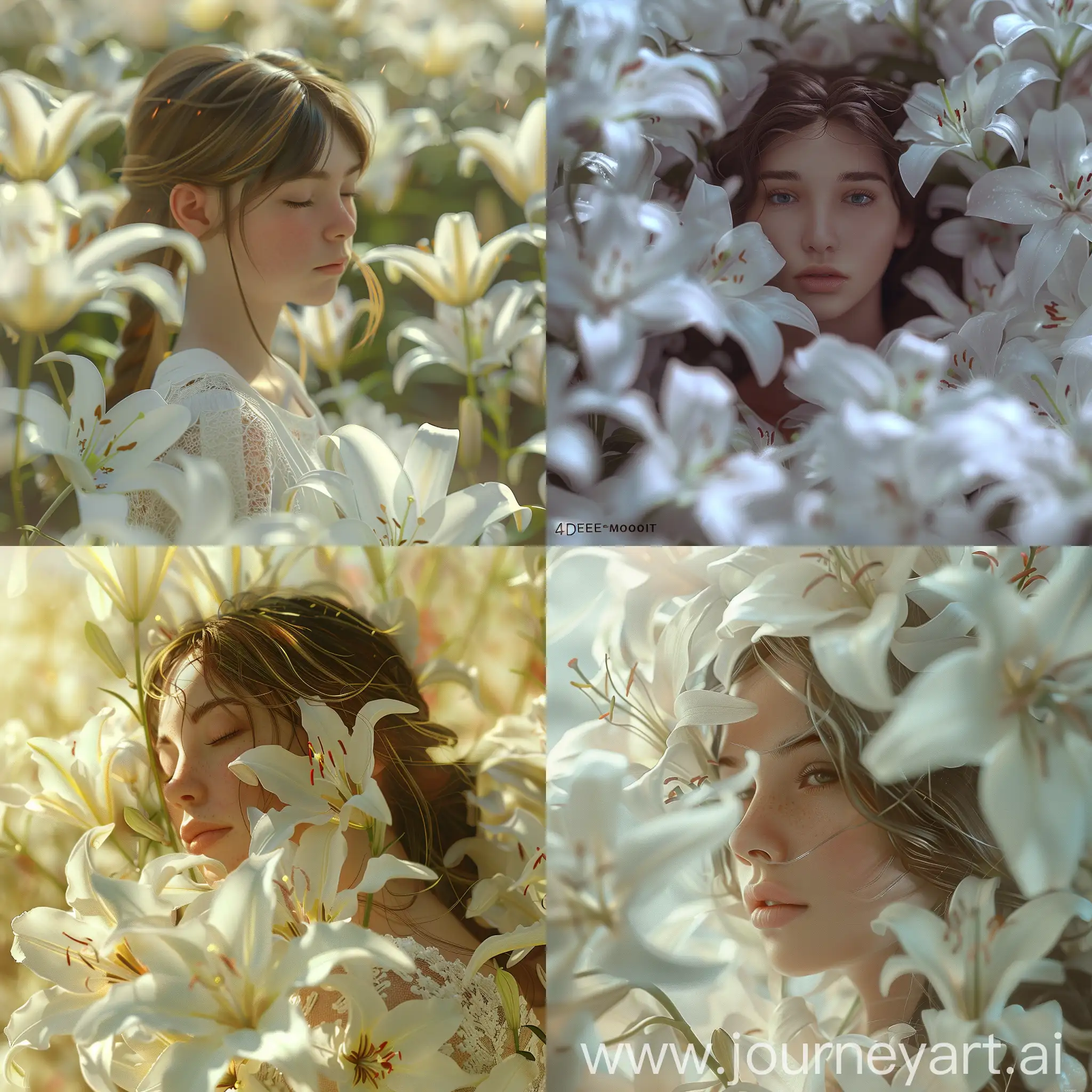 girl in white lilies,1female, solo,epic realistic,4d,rating:general,flowers, spring, blurred background, (claude_monet : : 1.3)