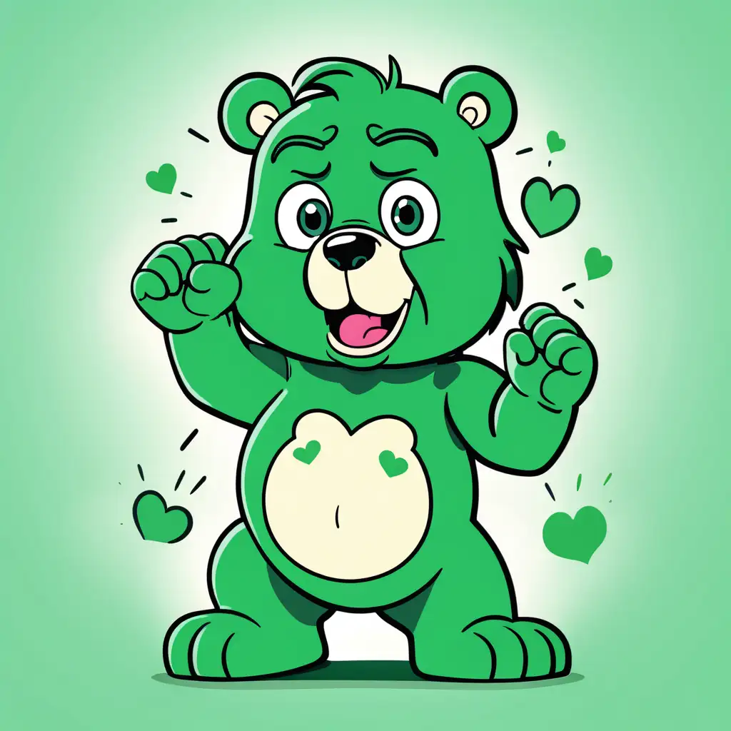 Create cartoon style image of confused,  green care bear