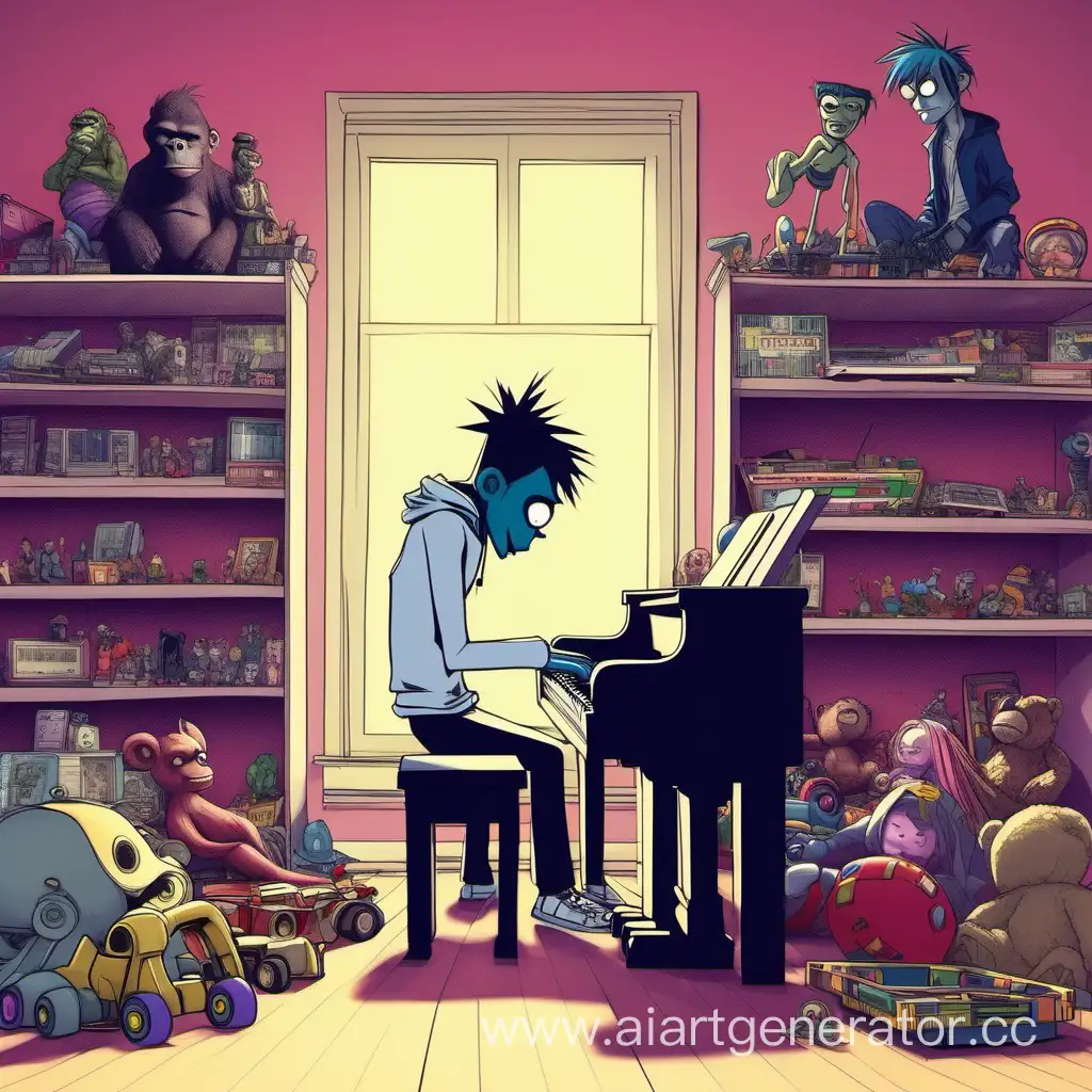 white skinny man, playing piano, in the room full of toys, in the style of gorillaz
