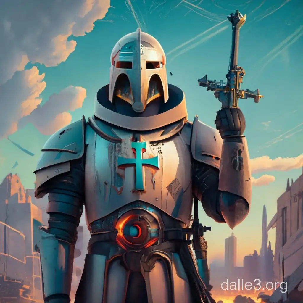 a foto of an ancient templar knight with a scifi weapon in his hands in futuristic amor that shows the templar cross