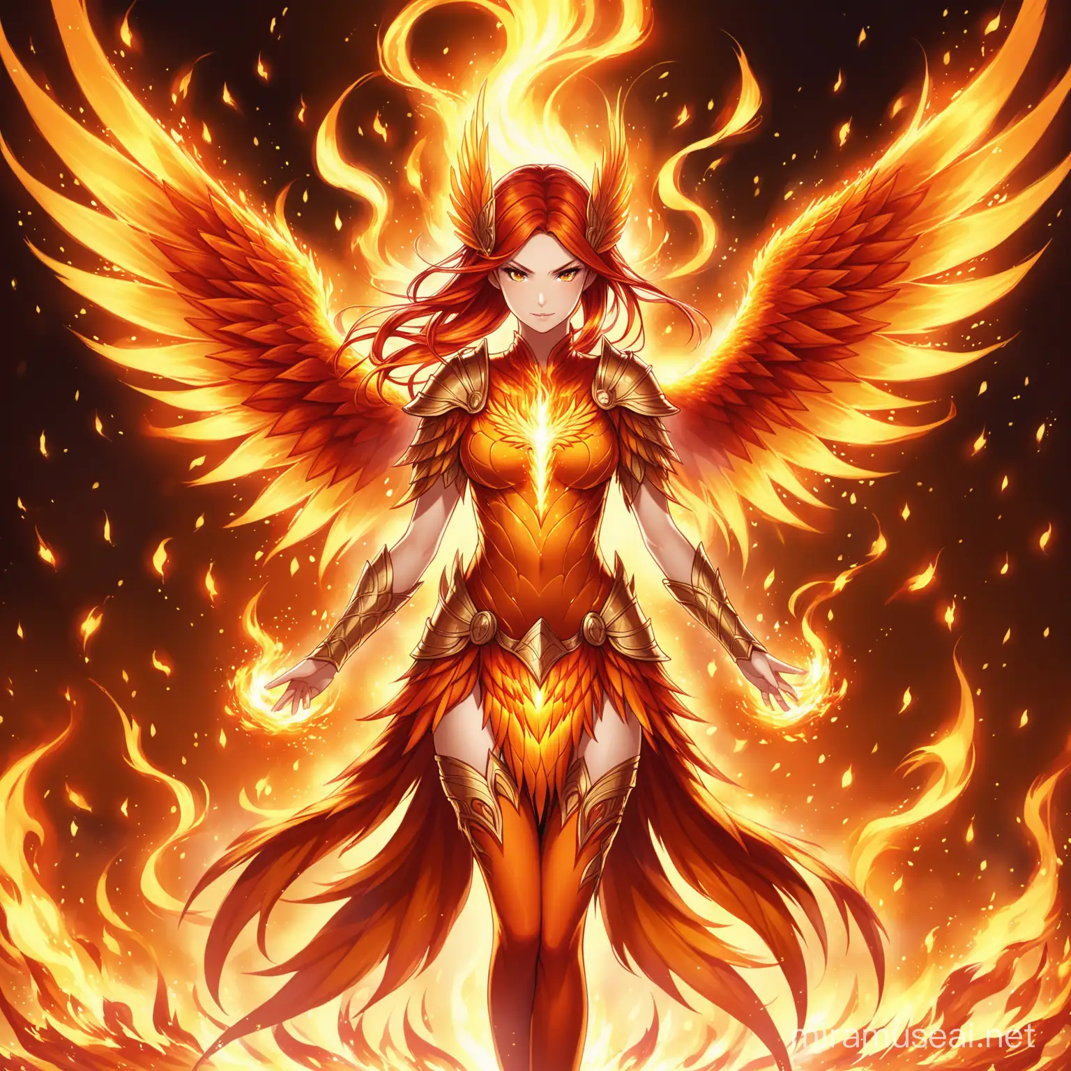 female phoenix fairy warrior with flames around her... inquadratura totale...dietro di lei fiamme e scintille 