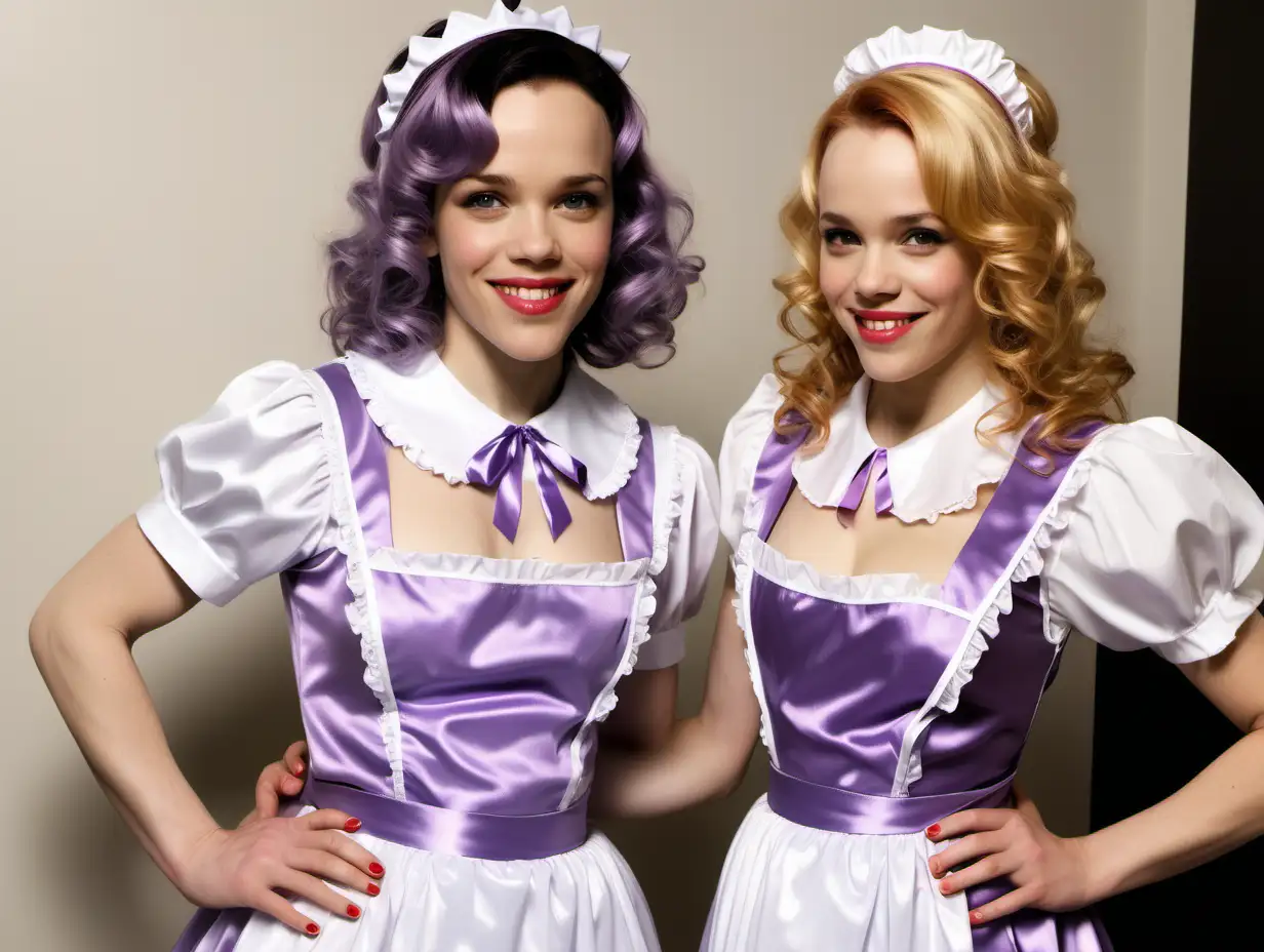 girls in long  lila satin retro maid  gown with white apron and peter pan colar costume and milf mothers long blonde and red hair,black hair  full size  rachel macadams smile