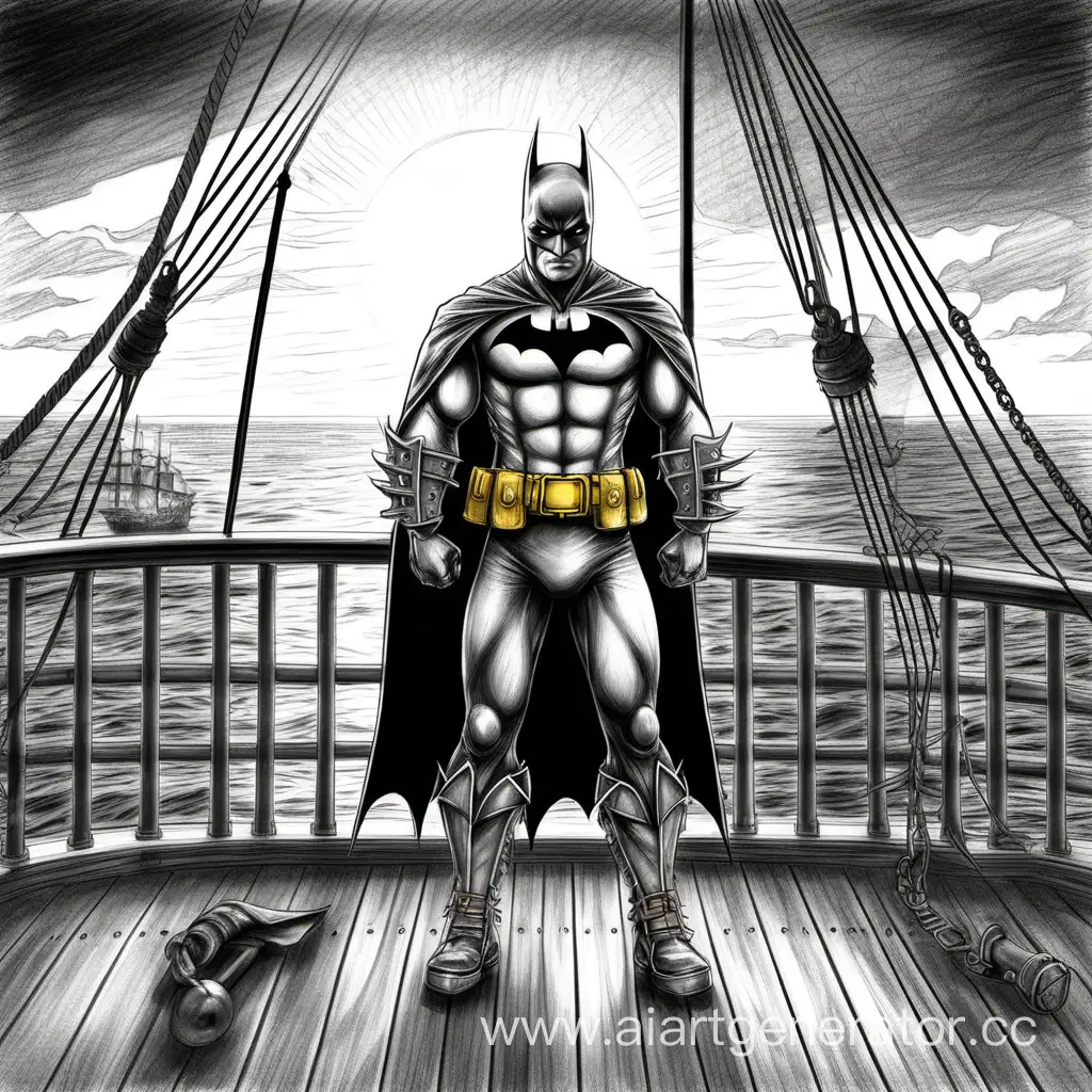 Batman-the-Pirate-on-Ship-Deck-Captivating-Pencil-Drawing-with-Sails-and-Sunset