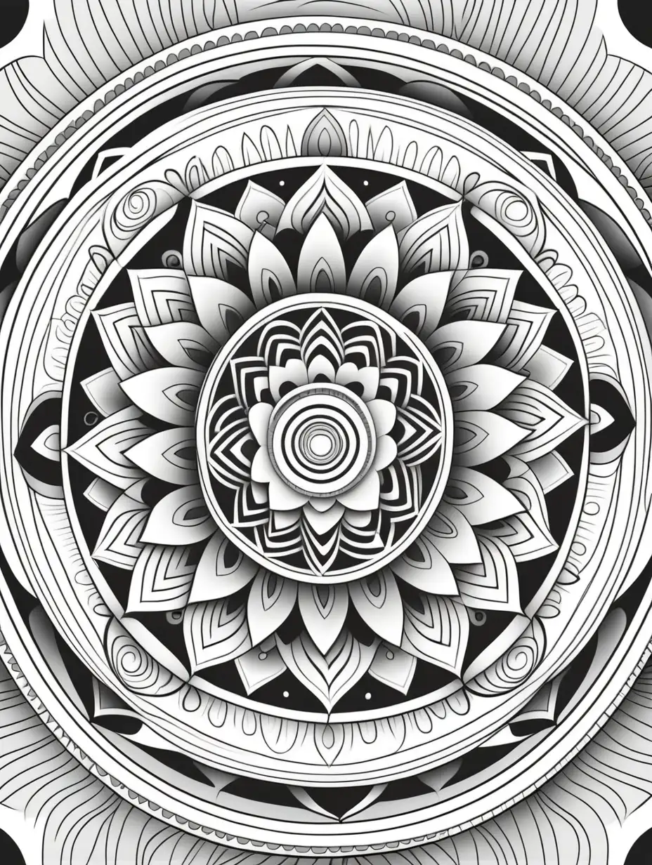 coloring page for adults, hypnotic mandala, thick lines, low detail, no shading, black and white
