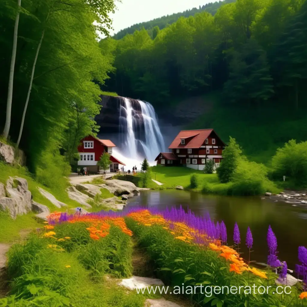 Небольшой город у реки в лесу, рядом водопад, я вокруг поляны с яркими цветами