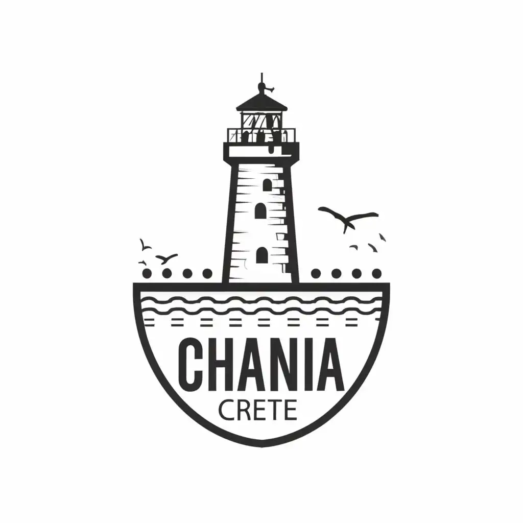 logo, Logo in black and white of ancient lighthouse attached to a long wall overlooking a harbor, with the text ""Chania, Crete"", typography, be used in Retail industry