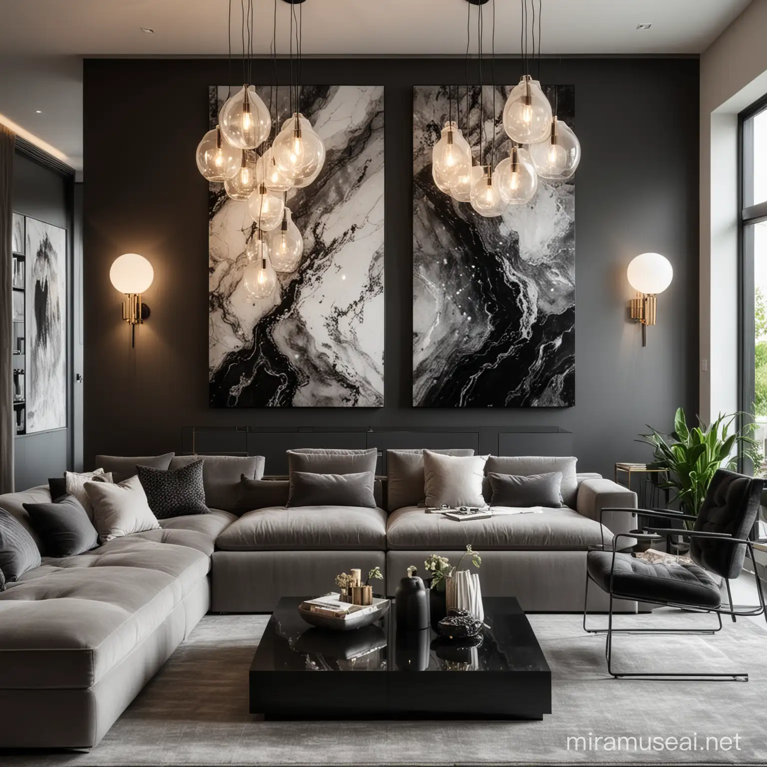 Contemporary Quartz Living Room with Artistic Wall Decor and Elegant Black Accents