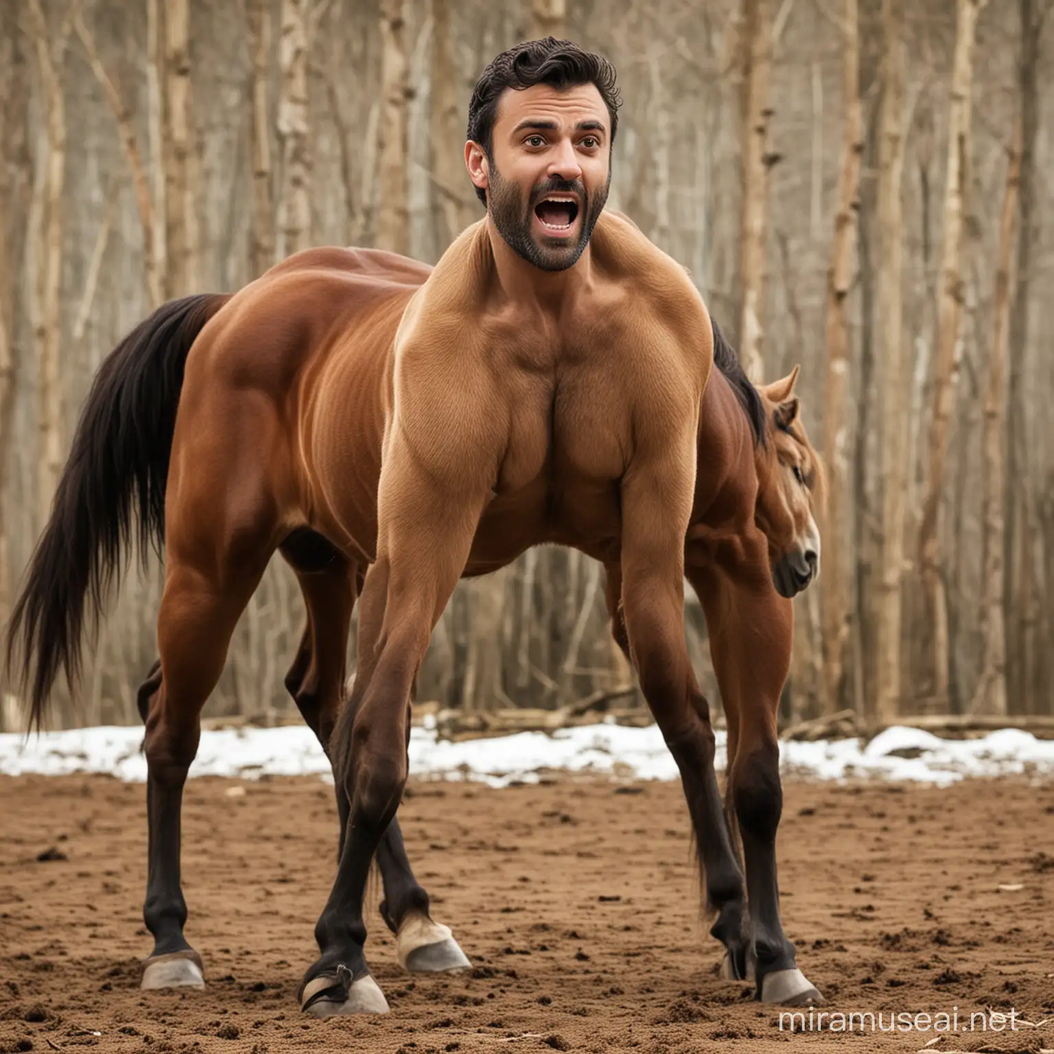 Oscar Issac on all fours transforming into a horse. He has horse ears. He has horse legs. He has horse hooves. He has a horse tail. He has a complete horse body and neighing like a horse. But his head is human.