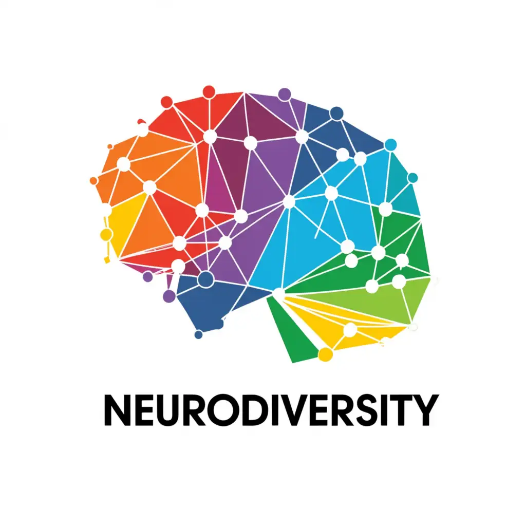 a logo design,with the text "neurodiversity", main symbol:a drawing of a brain with different regions in different rainbow colors, with geometric lines that indicate synapses or connections,Moderate,clear background