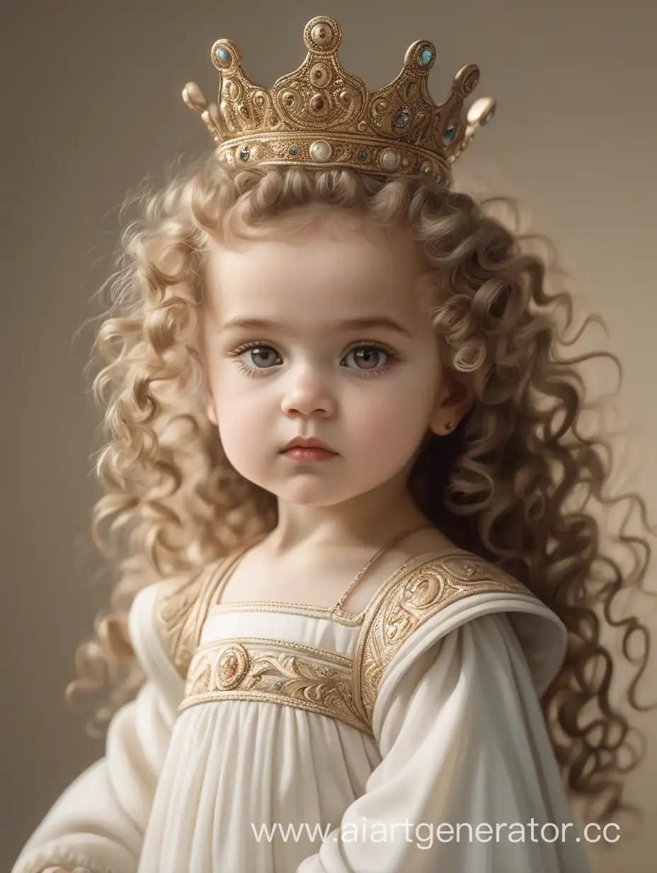 ancient Russian baby girl boyar in a white long dress curly curly shoulder-length hair a small crown on her head background beige rounded hyperreality
