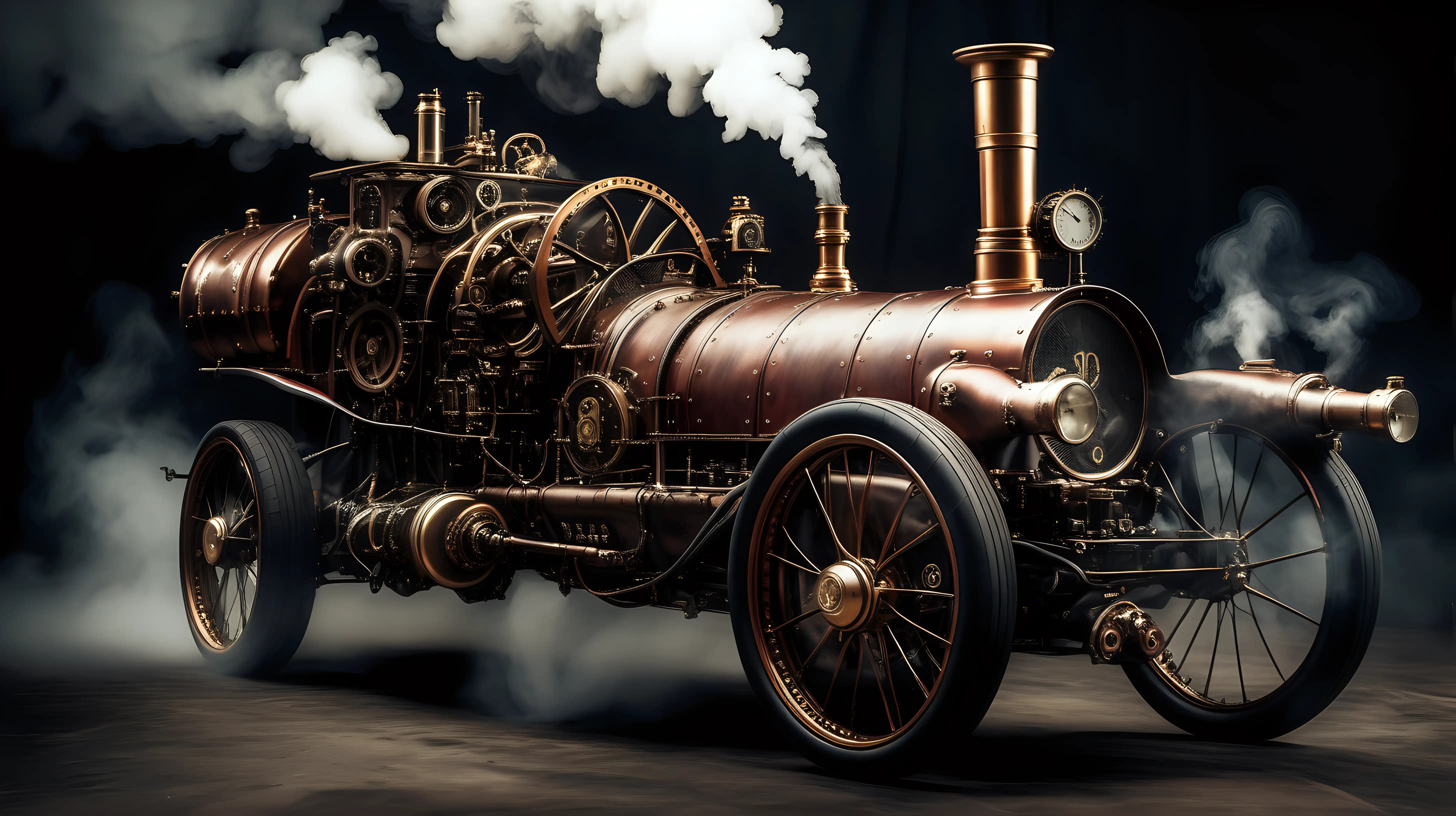 Steampunk ferrari with steam engine smoke city darkness