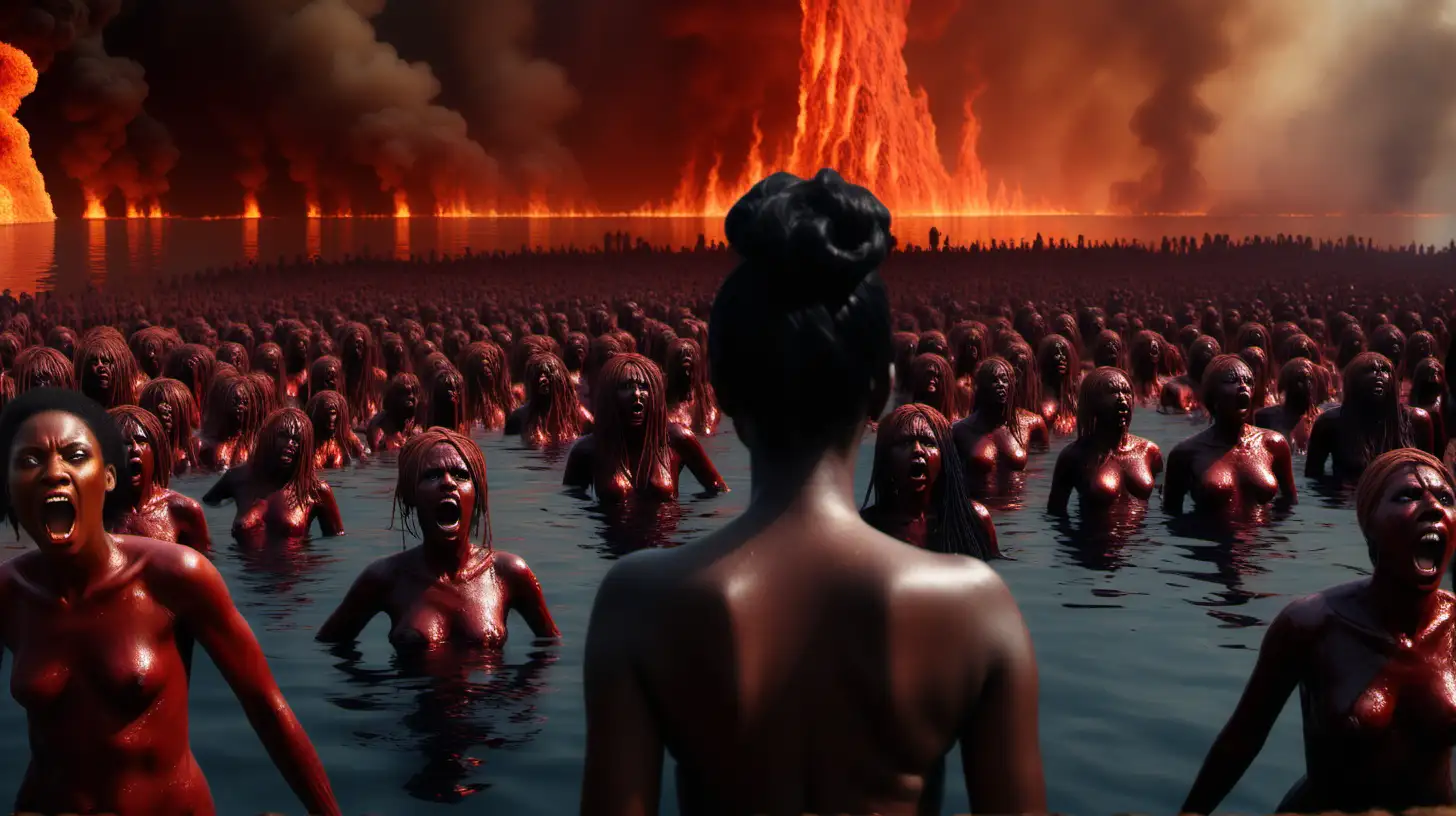 a black lady in hell looking at the lake of fire with people drowning in it