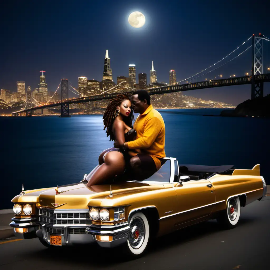 The sleek black Cadillac cuts through the night air, its silhouette a stark contrast against the glittering cityscape of San Francisco. The Bay Bridge stretches before them, a ribbon of light suspended over the inky expanse of the bay. At the wheel sits the man, dad body type his Carmel-toned skin catching the moonlight that filters through the tinted windows. His bald head gleams. A Nike hat sits low on his brow, casting a shadow over his focused eyes. His left hand rests confidently on the steering wheel as he drives . His right hand rests gently on the thigh of the woman beside him, a silent reassurance in the quiet hum of the engine.   The woman is a vision of elegance and fire. Her dark brown skin glows with an inner radiance, accentuated by the crimson slash of her lipstick. Her voluminous brown dreadlocks cascade down her shoulders, catching the moonlight like spun gold. A tiny yellow mini sweater dress clings to her curves, its playful silhouette belying the strength and confidence in her eyes. Gold hoop earrings frame her face, glinting like miniature suns against the backdrop of the night.   They are a study in contrasts, yet perfectly in sync. He, the calm center, the steady hand at the helm. She, the vibrant flame, the life force that animates their journey. Together, they paint a picture of love, trust, and a shared sense of adventure, as they cruise through the heart of San Francisco, their Cadillac a chariot carrying them towards the endless possibilities of the night.