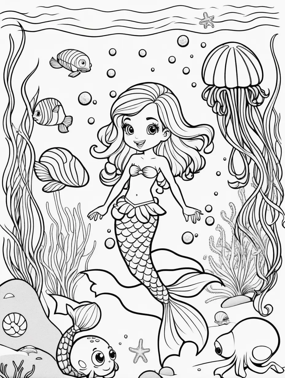 KIDS COLORING PAGE, CUTE CARTOON MERMAID swimming with Octopus, JELLYFISH, crabs, AND OTHER SEA CREATURES ALL AROUND, ROCKY BOTTON WITH SAND INTERMIXED, no shading, no color
