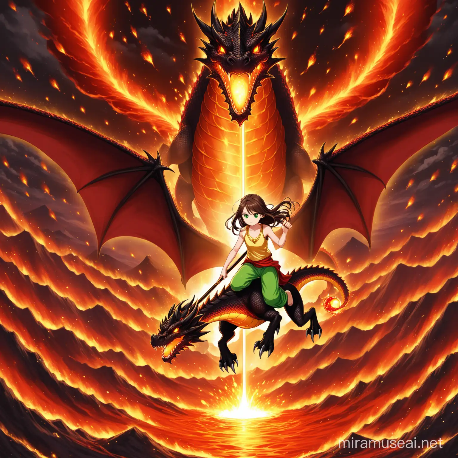 11 year old girl, long wavy brown hair, green eyes, riding a red and black majestic beautiful flying dragon, gold singlet, red and gold shawl, green harem pants, flying over a volcano eruption, lava flying everywhere, determined expression, holding a gold and black staff with a gold glowing crystal ball on top, 