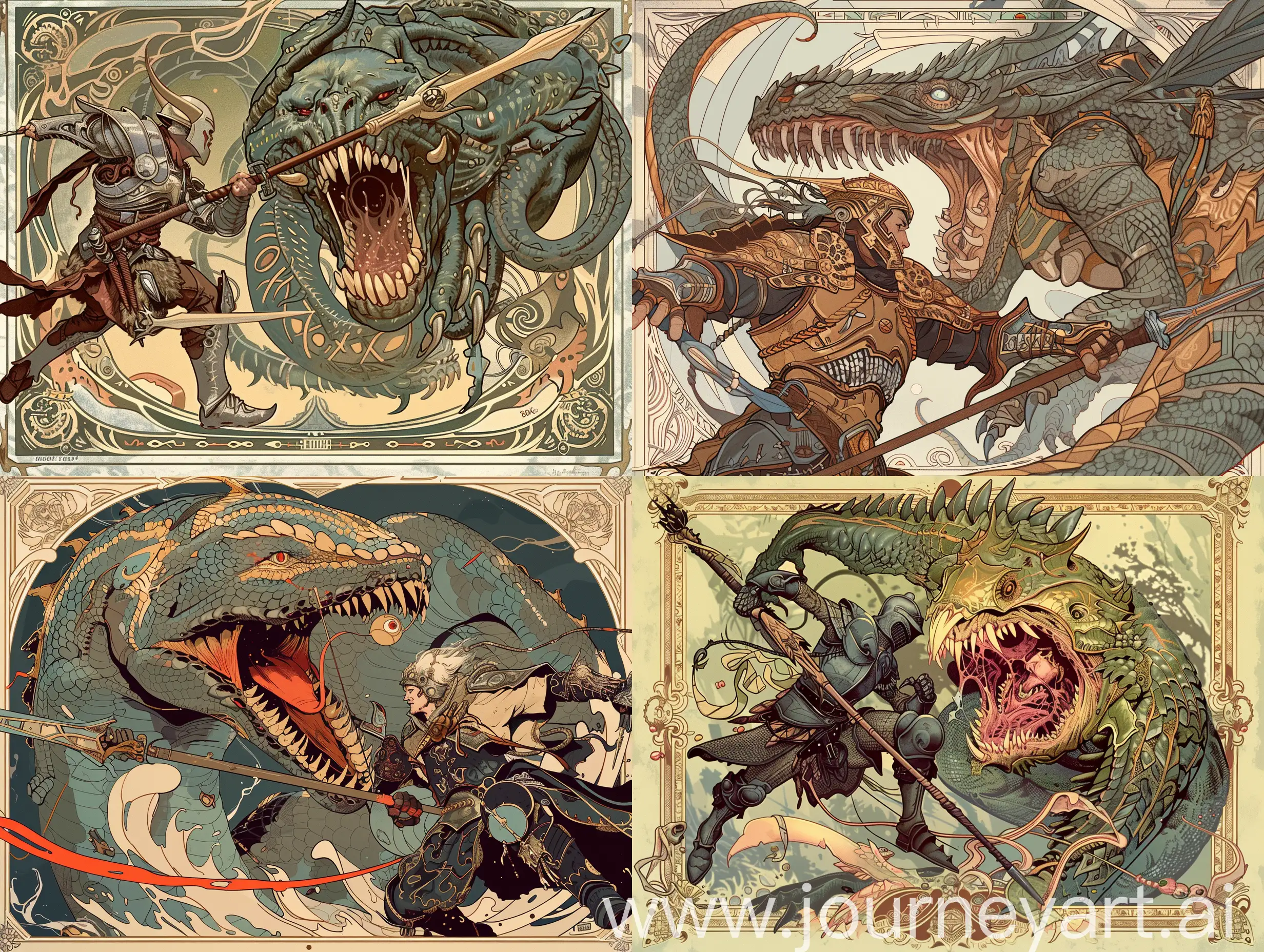 The illustration is a beautiful overall plan. An action scene. Art Nouveau style. a powerful warrior in armor, with a spear in his hands, attacks a huge two-headed scary monster with sharp teeth like a snake. Art Nouveau style, Alphonse Mucha style. high-quality anatomy. high detail. no errors. 8k