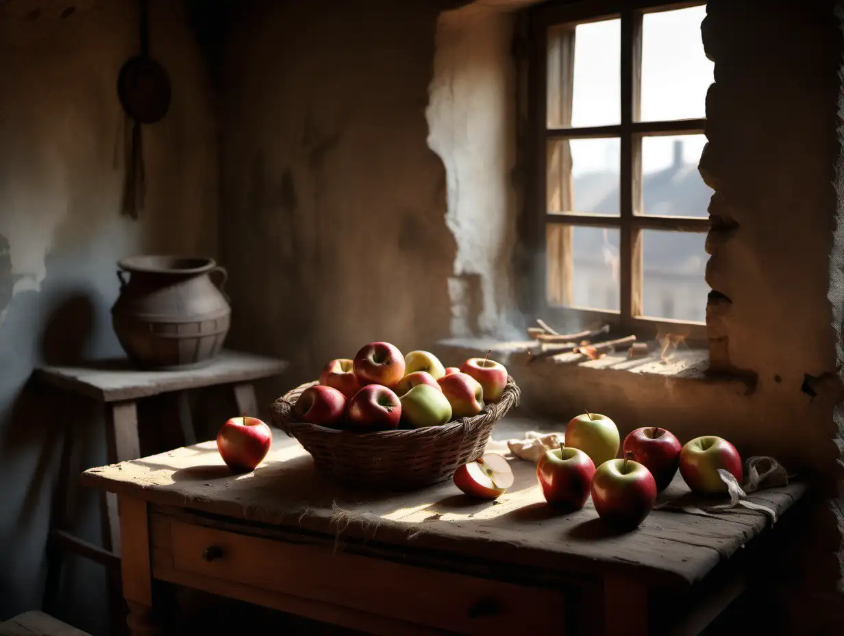 Still life in style of 1600s paintings, The shabby walls of a peasant's room, burning splinter by the window, apples on the table. 