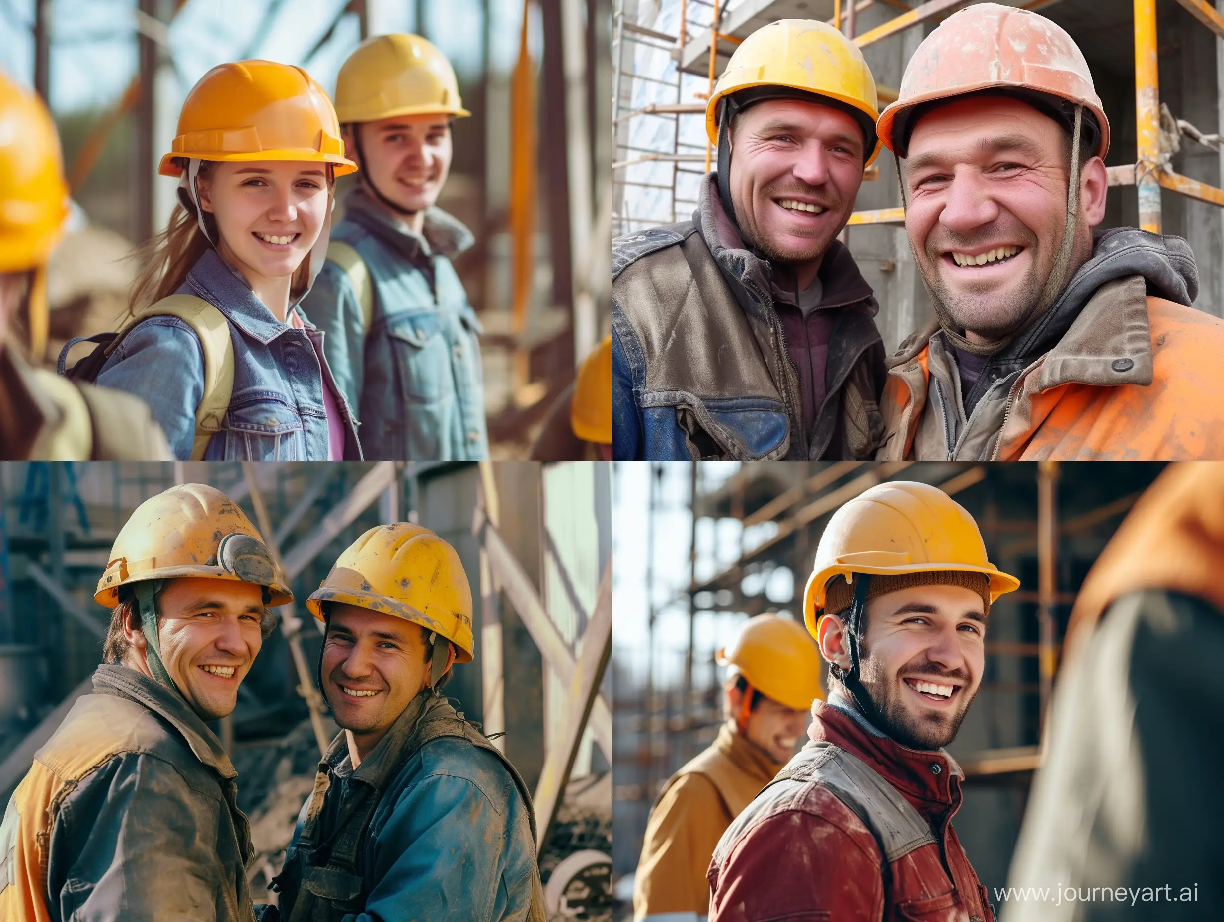 Счастливые работники на стройке в касках.Действие происходит в России . Картинка очень реалистичная . На улице солнечная погода. Строители улыбаются 