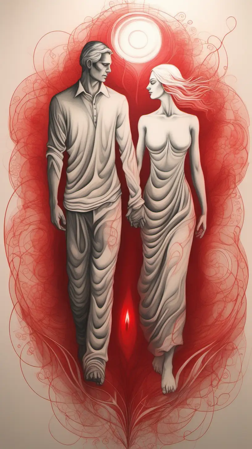 Illustrate a man and a women merging together, embodying the integration of light and shadow within the twin flame relationship, symbolizing the journey towards wholeness and completeness. add little bit red color