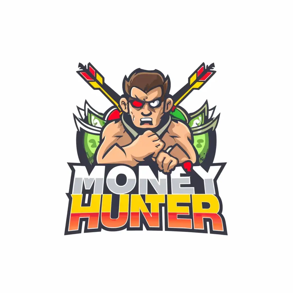 a logo design,with the text "money hunter", main symbol:the logo in money flying and One angry man shooting arrows at money,Moderate,clear background