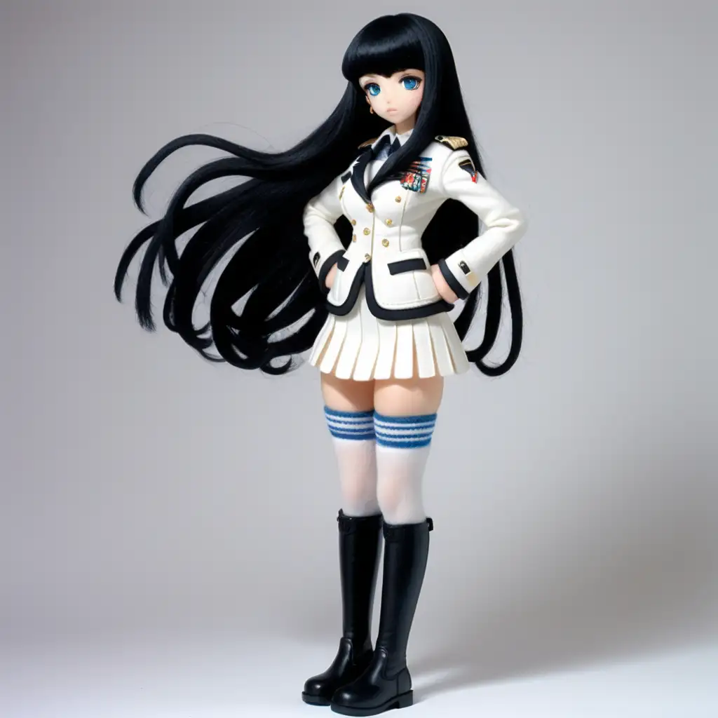 Anime Girl Needle Felt Sculpture in White Military Dress Jacket and Boots