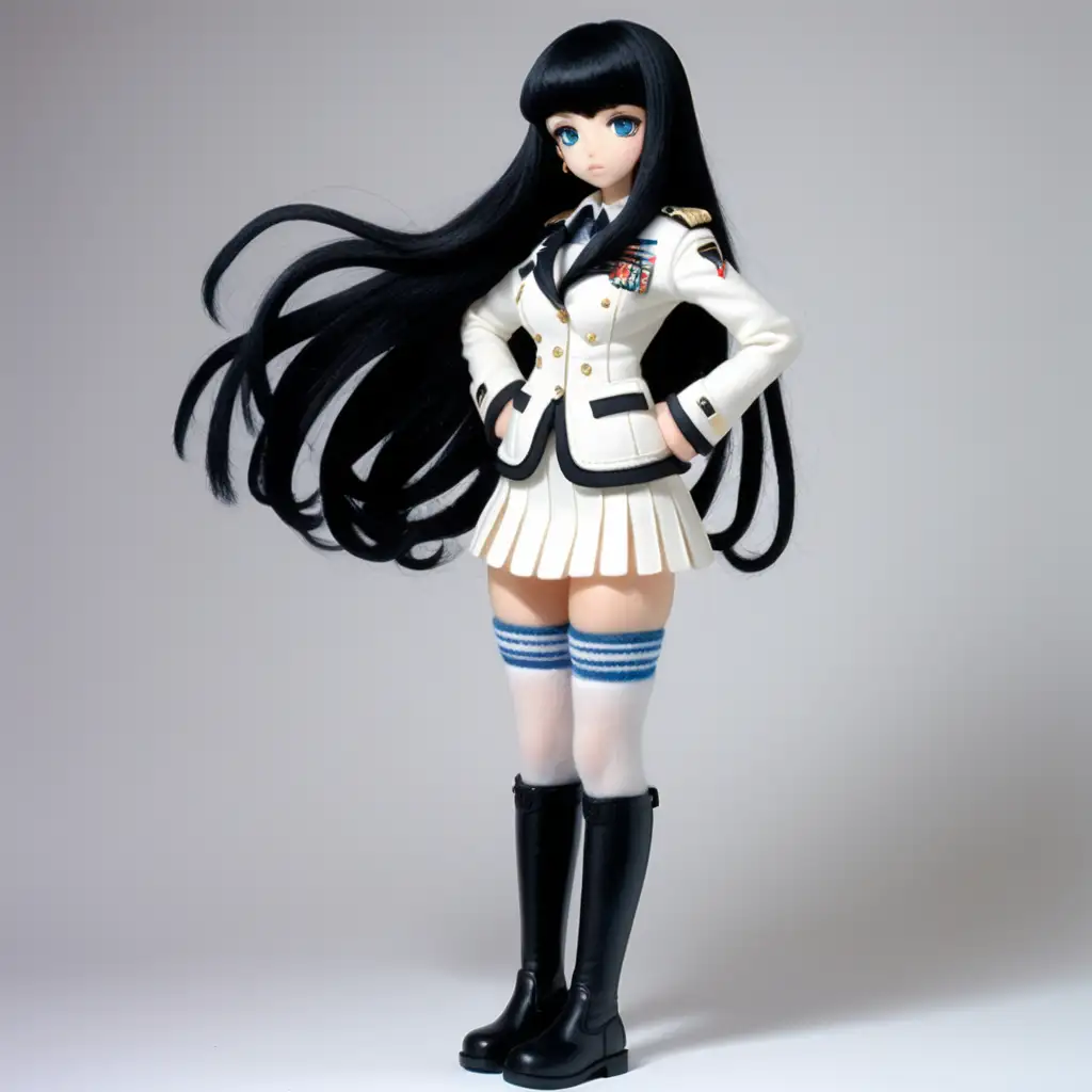 Needle felt sculpture, full body view, anime girl, long black hair, blue eyes, white military dress jacket, white mini skirt, big breast, black pantyhose, white riding boots, white band gloves, big hips, big thighs