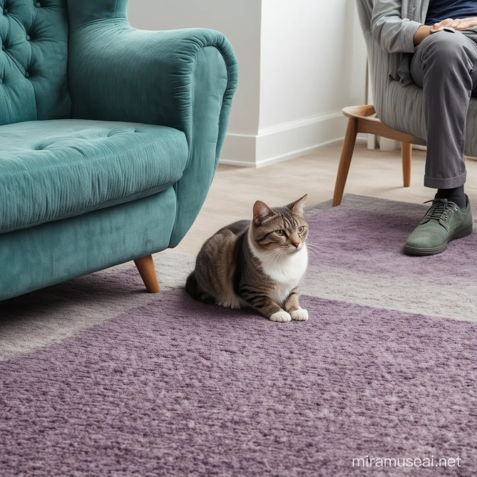 Кот сидит на ковре и смотрит на мужчину, который сидит в кресле. Зеленые, синие, фиолетовые тона