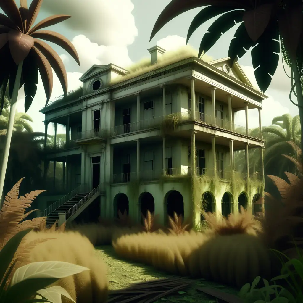 An old two storey plantation house in a fantasy jungle with high grass and weed vegetation. Derelict but a strange light is comming from the first floor