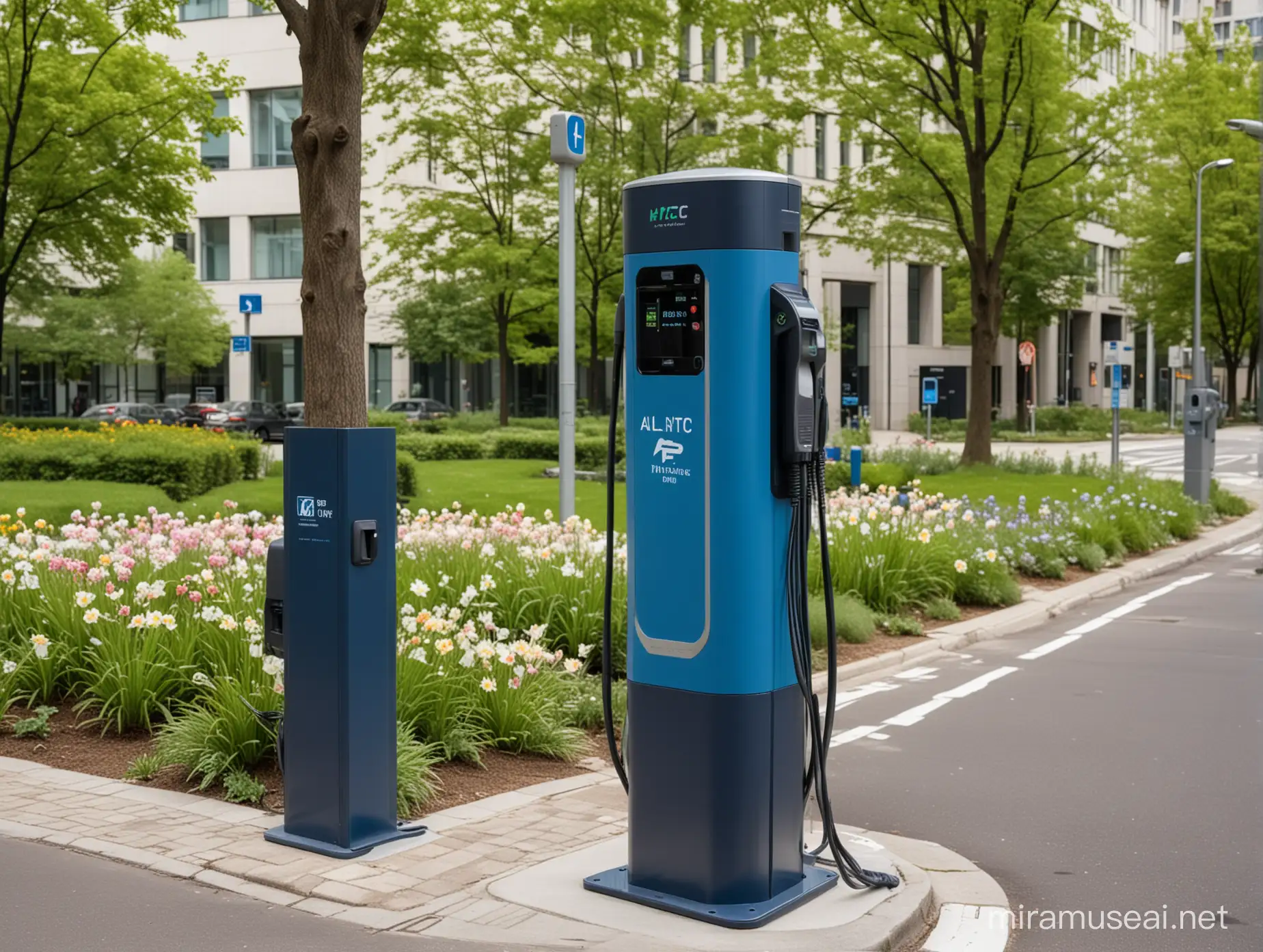 Close-up of a realistic blue Alpitronic HYC 150 EV charging station located in a marked parking space for electric vehicles. A beautiful business building in a metropolitan district can be seen in the distance. Behind the station there is a park with beautiful blooming green trees and a park lane with many spring flowers.